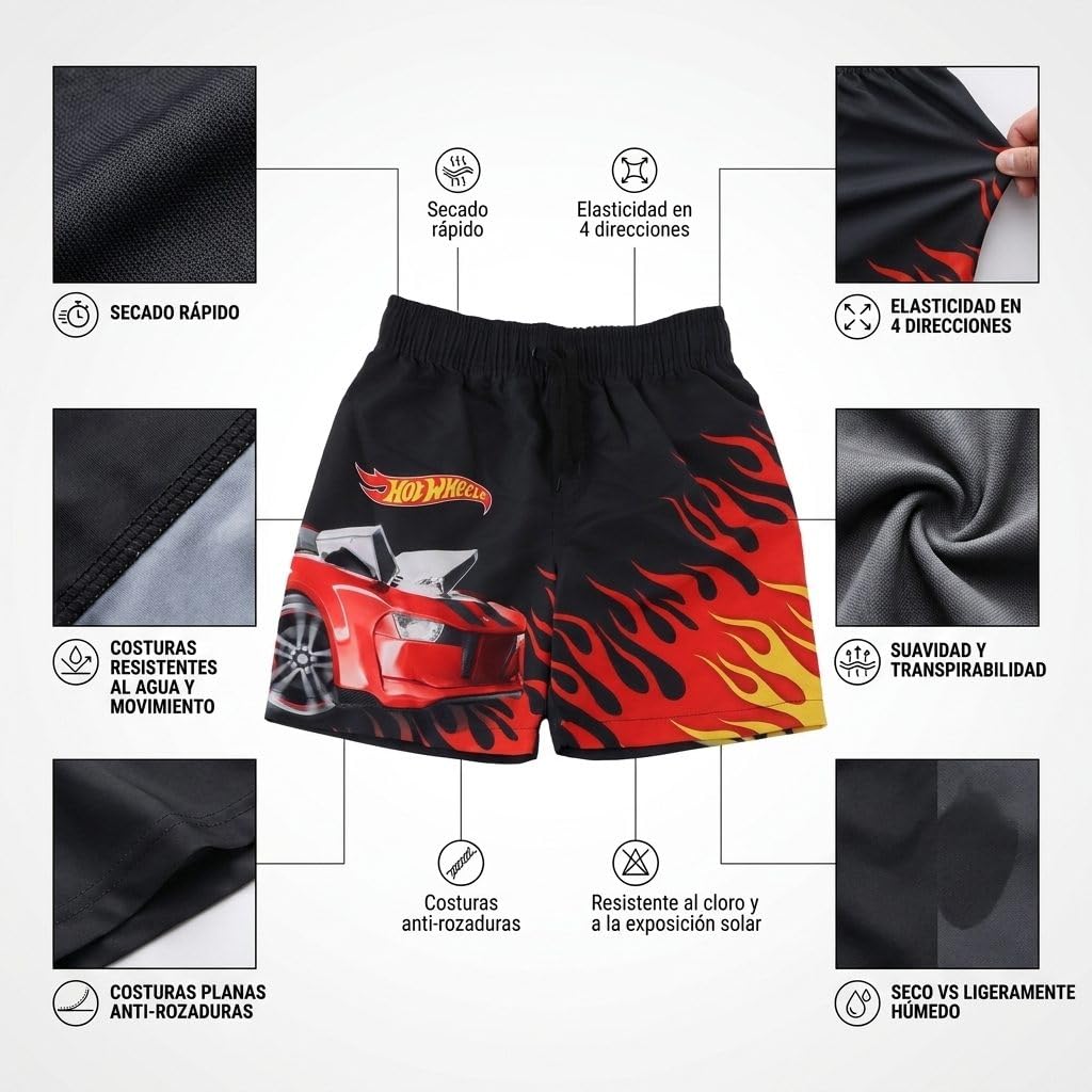 Hot Wheels Bermuda Badehose für Kinder – Strand- und Pooltaugliche, schnelltrocknende und chlorbeständige Badehose mit verstellbarem Kordelzug und Taschen