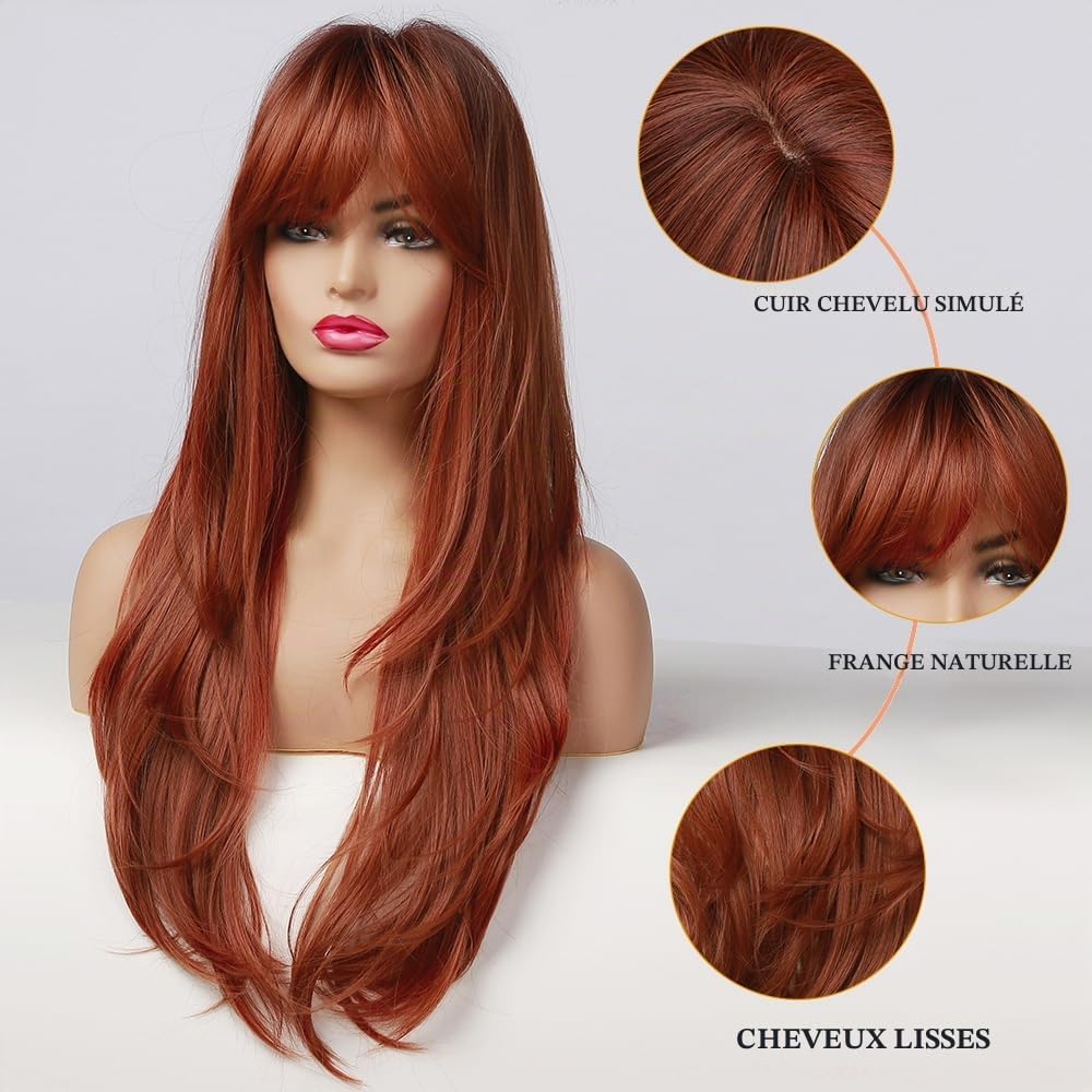 Esmee Perruque Auburn pour Femmes de 24 Pouces avec Frange, Longue Verticale Naturelle, avec racines foncées, Perruque Synthétique Résistante à la Chaleur