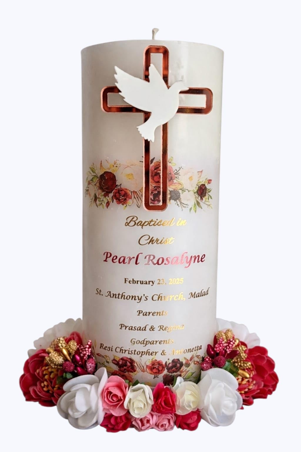 Personalised Baptism Candle with Acrylic Cross and Floral Design, White Pillar Candle with Gold Foil Print, Customisable Name and Date, 3 x 8 Inch-image-3