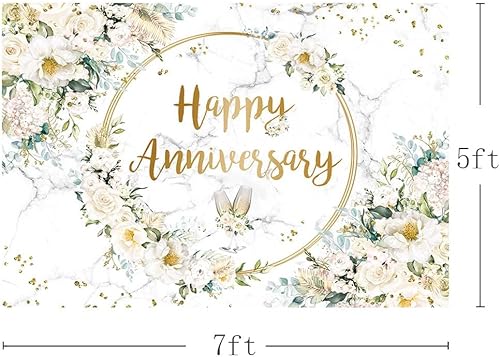 Miniatura 9 de MEHOFOND Telón de fondo de feliz aniversario de 8 x 6 pies con diseño floral blanco para fotografía de aniversario de boda, diseño geométrico de