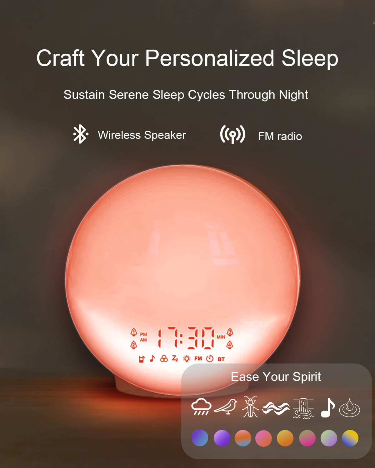 Reloj despertador inteligente con luz de amanecer y amanecer, simulación de amanecer, 4 alarmas, radio FM, grano de madera