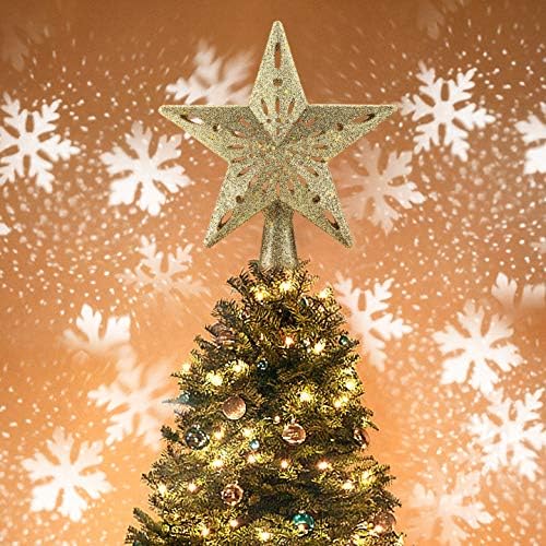 Christmas Tree Topper Lighted Star Tree Toppers with LED Rotating Snowflake Projector Lights, 3D Hollow Silver Star Snow Tree Topper for Christmas Tree Decorations (Gold)