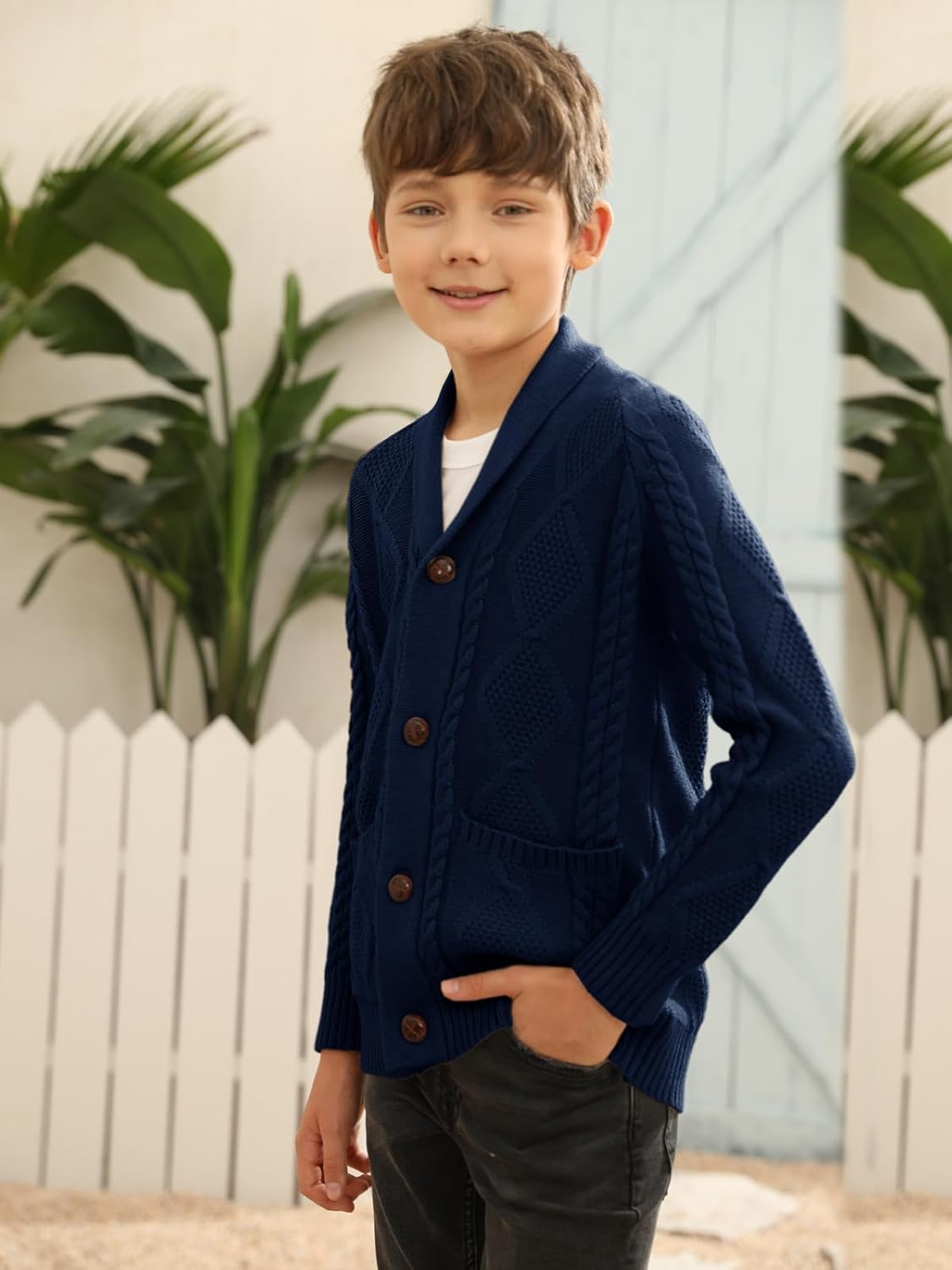 Inorin Boy's Sweater Cardigan Button Down Shawl Collar Cable Knitted Outwear Sweater Coats with Pockets Deep Navy Blue - Image 3