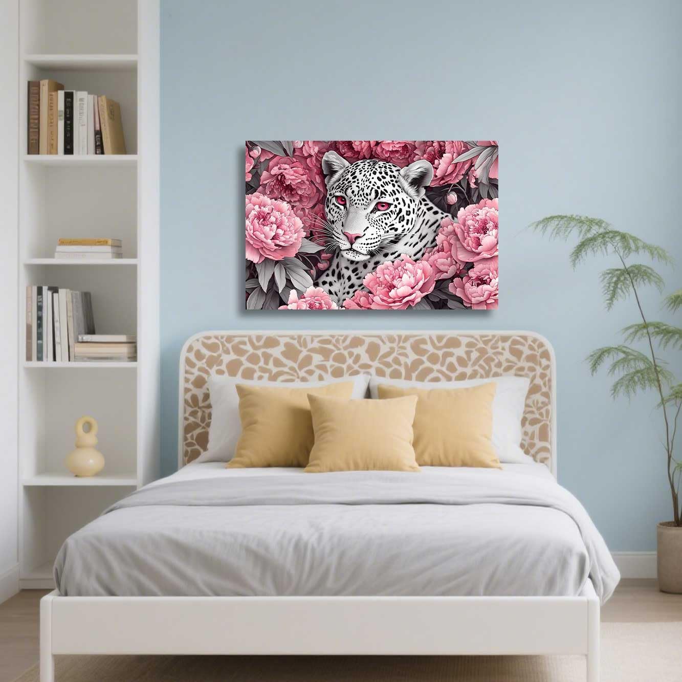 ZSHARTSWD Leopard Canvas Wall Art Cheetah and Peony Floral Picture Black and White Leopard Print African Wild Animals Painting for Bathroom Home Decor Framed (Pink, 24L x 16W)
