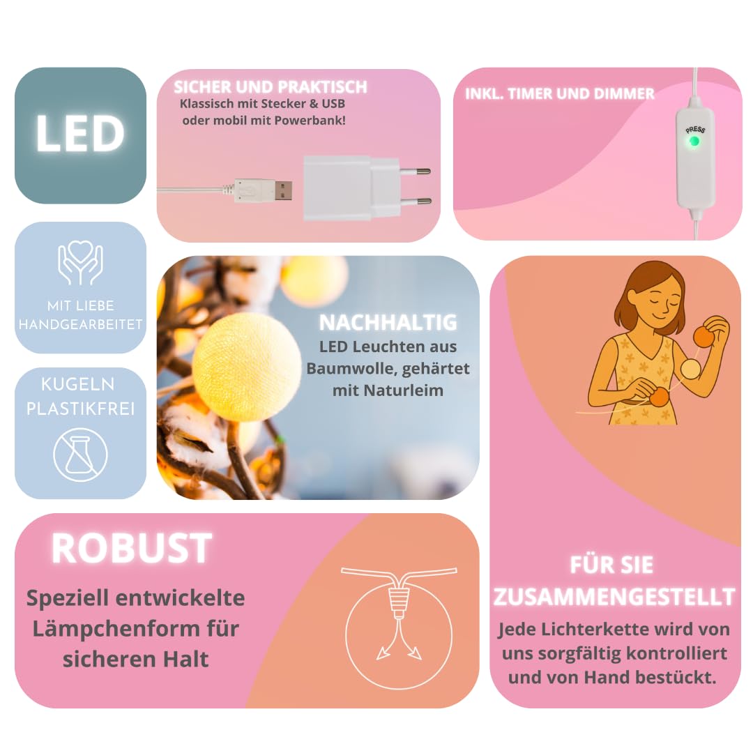 CREATIVECOTTON LED Lichterkette mit Cotton Balls inkl. Timer und Dimmer (Ambiance, 20 Kugeln)