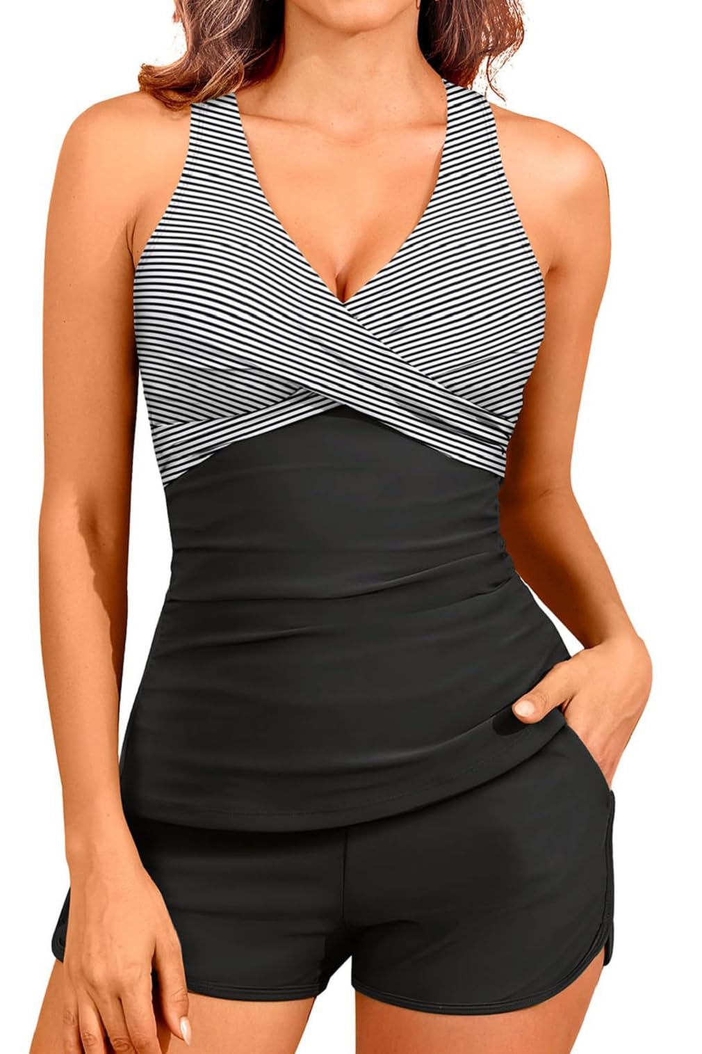 CheChury Tankini Mujer Cintura Alta 2 Piezas Reductor Vientre Plano Bañador Push Up Cuello V