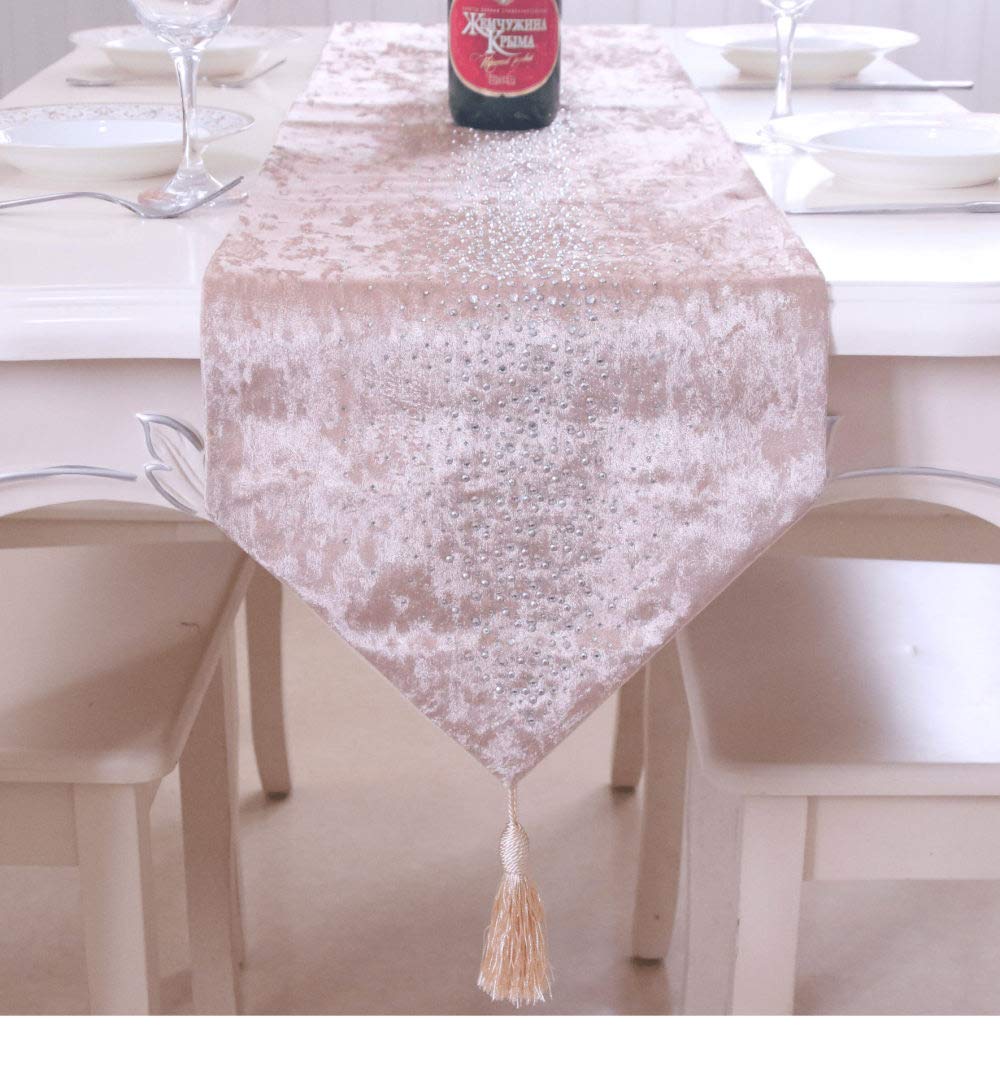 Runner Da Tavolino,Tovaglia Champagne Di Lusso Con Strass In Velluto Europeo Nappa Squisita Elegante Stuoia Decorativa Scintillante Per Sala Da Pranzo Per Feste Di Matrimonio, 12,6 × 106,3 Pollici