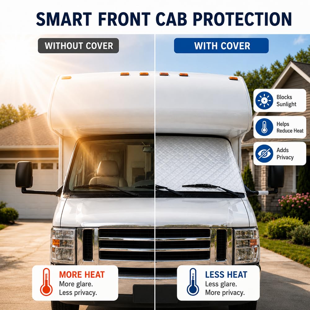 Funda Parabrisas Autocaravana para Opel | Movano A | 1998–2010, Parasolar Parabrisas Autocaravana, Oscurecedor Cabina para Camping Viajes y Almacenamiento