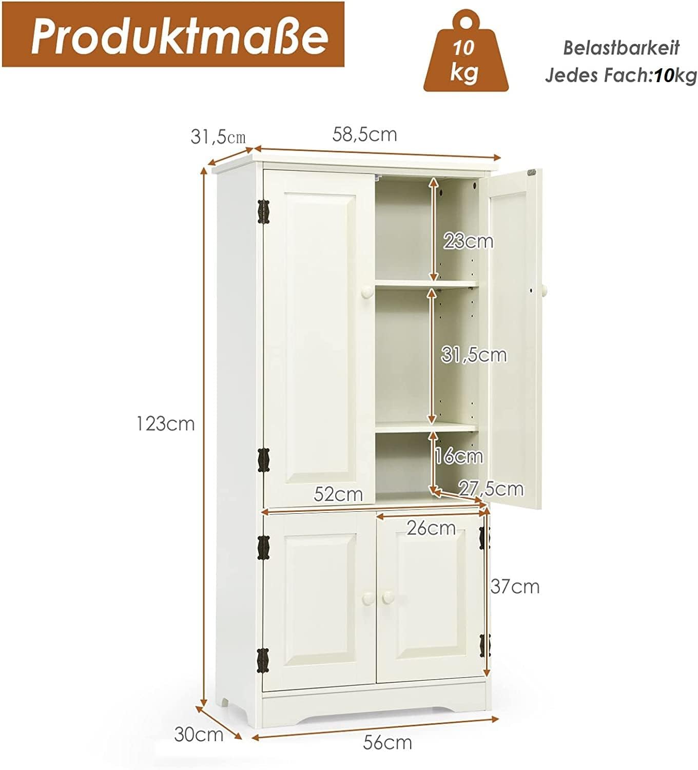 COSTWAY Uniwersalna szafka w stylu vintage, szafka na korytarz z regulowanym regałem, szafka łazienkowa na pranie, drewniana szafka do przechowywania, styl dworkowy, do kuchni, salonu, sypialni (biała
