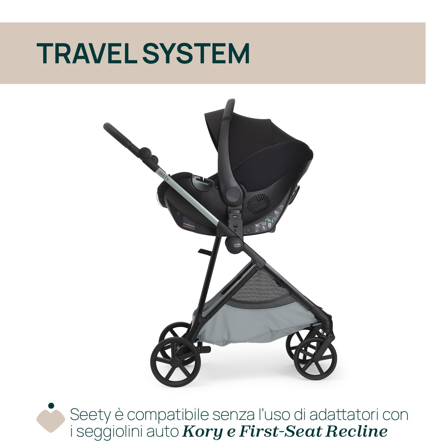 Chicco Passeggino Seety, Passeggino Leggero e Compatto Da 0 Mesi a 4 Anni, Portata Max 22kg, Passeggino Pieghevole, Schienale Reclinable,Chiusura Automatica in 1 Gesto, Capotte Parasole e Parapioggia