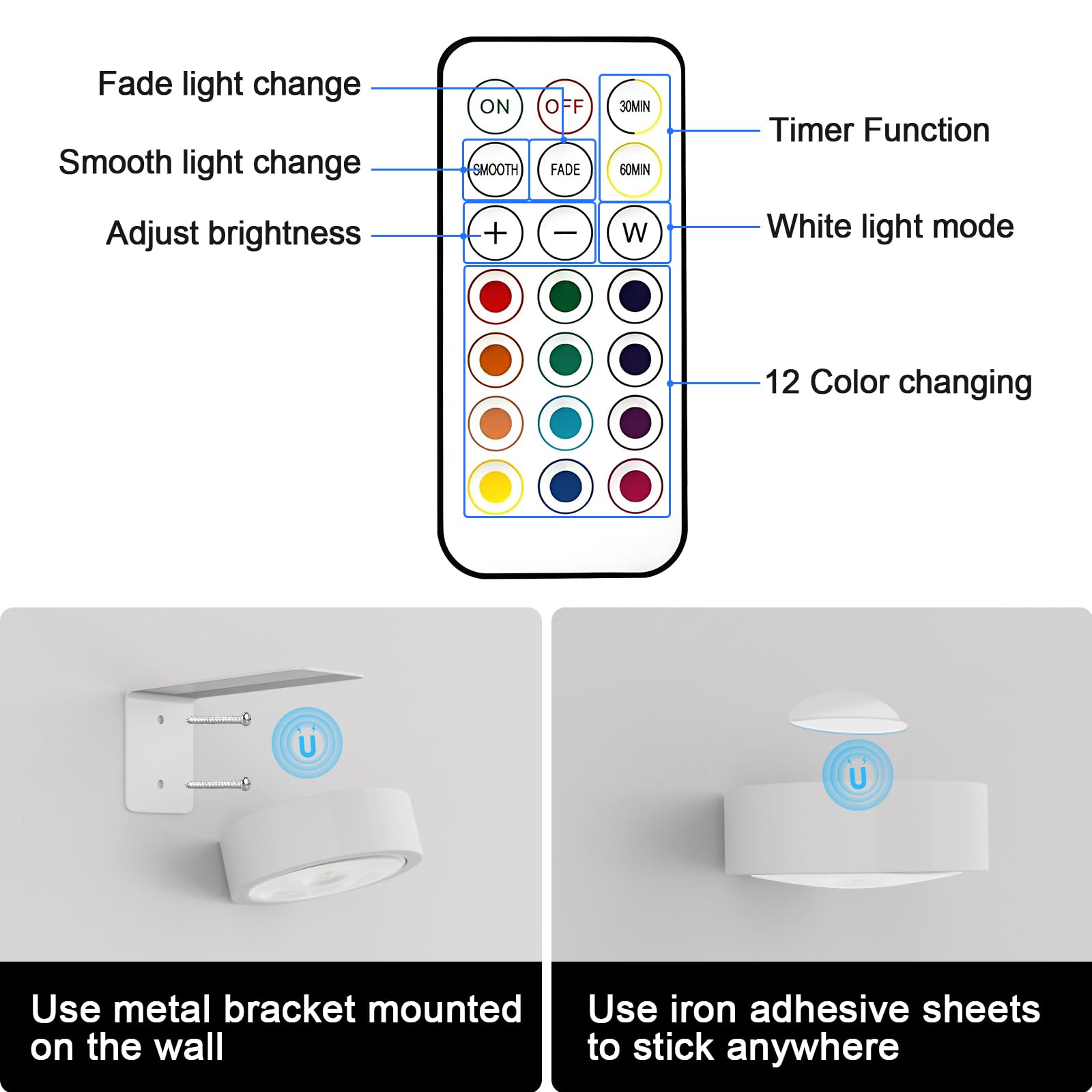 Bilderleuchten für die Wand, 13 RGB-Farben, wiederaufladbar, batteriebetrieben, Bilderrahmen-Lichter mit 3 Beleuchtungsmodi, kabellos, magnetisch, Mallicht mit Fernbedienung, Timer, Weiß, 3 Stück
