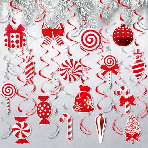 Image of Christmas Hanging Swirls Decorations - Red White Christmas Party Decorations Xmas Peppermint Candy Cane Hanging Ceiling Decor for Home Xmas Winter Holiday Party Decor