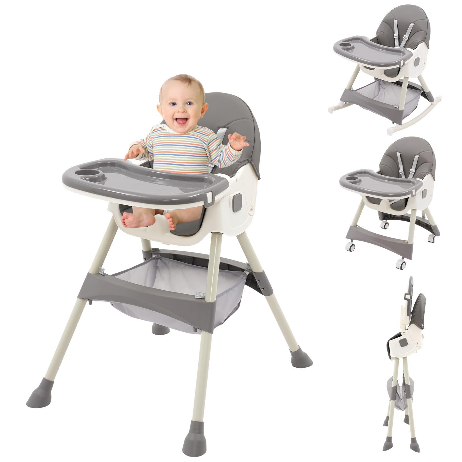 Chaise Haute Convertible 5 en 1 pour Bébés et Jeunes Enfants : Siège Réglable en Hauteur,Dossier,Repose-pieds,Coussin Amovible en PU et Double Tablette