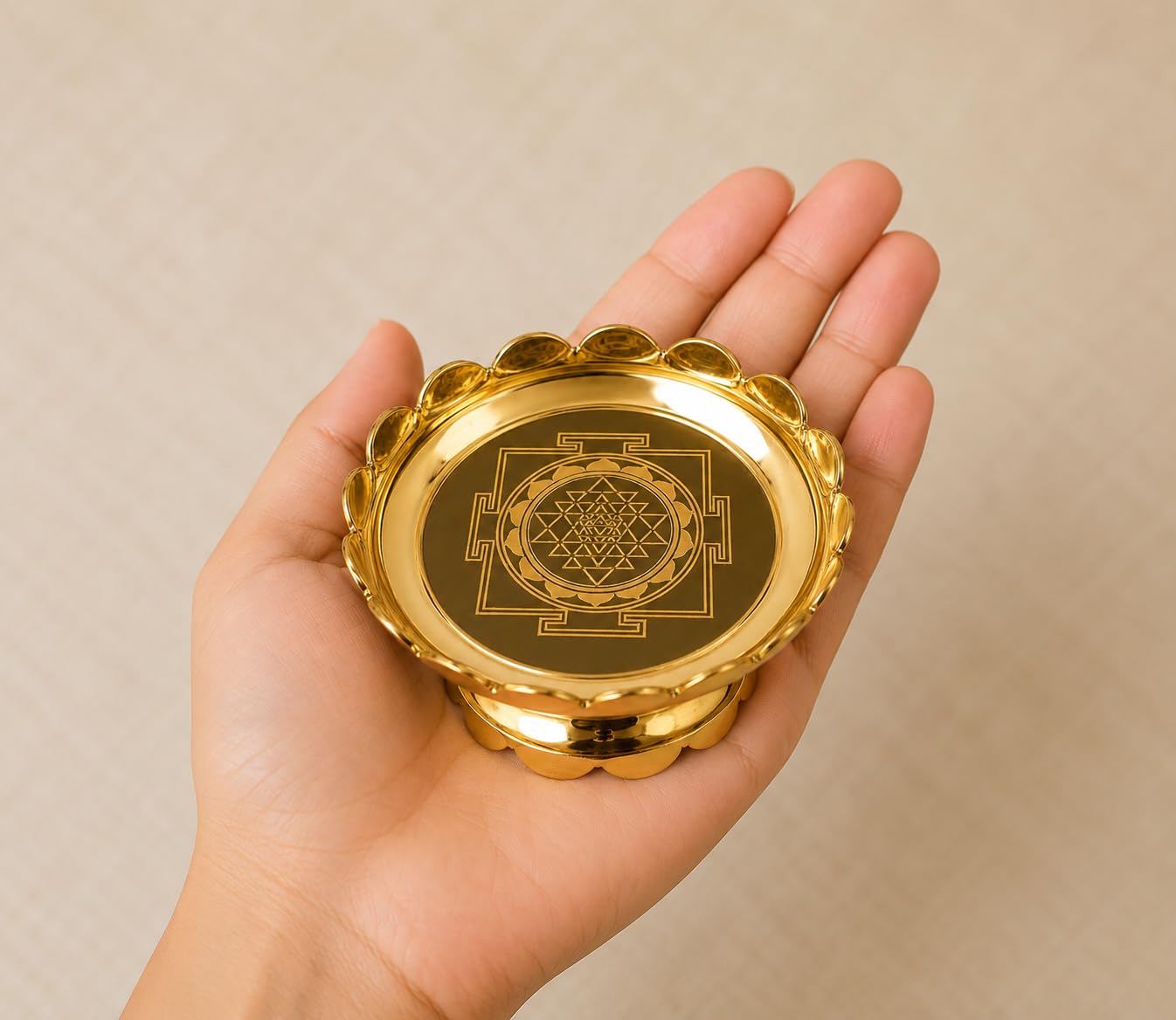 Shree Krishna Handicrafts Brass Pooja Thali with Sri Yantra, 13 cm | Handcrafted Brass, Vastu Positive Energy Bow, Prasad Offering Plate, Scalloped Lotus Edge, 125 g Weight-image-1