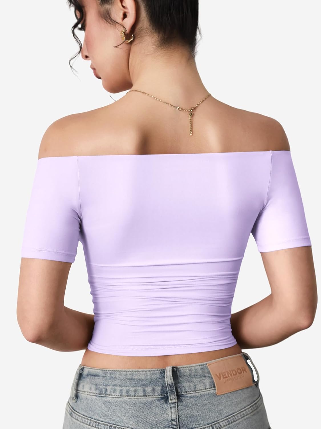 YEOREO Sophie Women Off Shoulder Crop Top Summer Short Sleeve T-Shirts Y2K Double Lined Fit Basic Tee Going Out Cute Tops - Image 4
