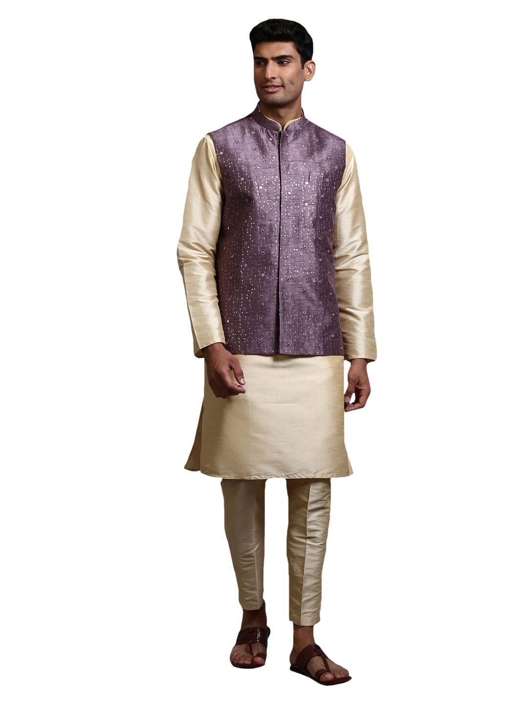 vm Men's Purple-AA1 And Cream Silk Blend Jacket, Kurta and Pyjama Set-picture-19