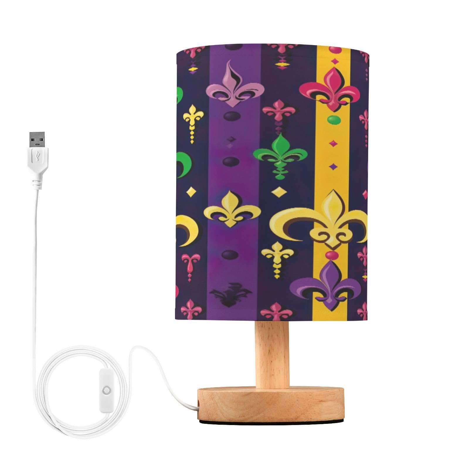 SDMKA Mardi Gras Striped Bedside Table Lamp for Bedroom, Minimalist Nightstand Lamp with Round Fabric Shade for Living Room, Office, No Bulb Required