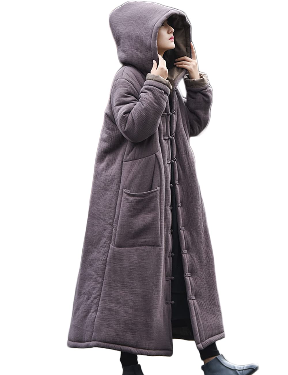 NFYM Women's Winter Warm Long Trench Coat Hooded Cotton Linen Quilted Vintage Long Button Down Jacket Robe