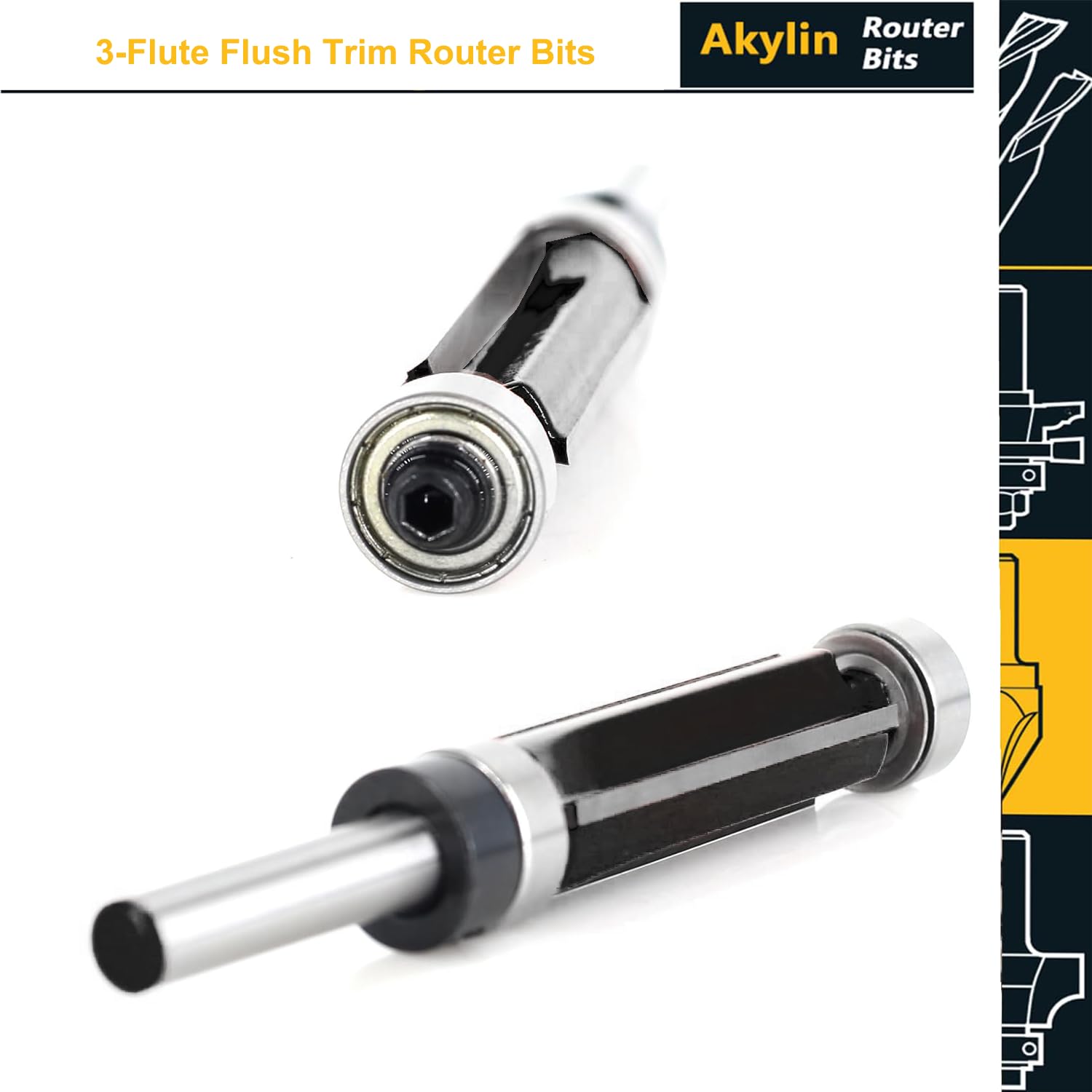 Brocas de enrutador de corte empotrado de 1/4 pulgadas, broca de enrutador de plantilla de rodamiento superior e inferior, 3 flautas de 1/2 pulgada de diámetro, longitud de corte de 1-1/2