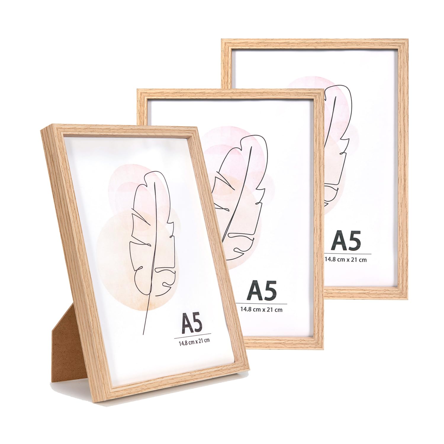 KAIWIN A5 Picture Frame Oak Set of 3, Wooden Poster Frame, 14.8x21 cm Picture Frames for Tabletop and Wall Mounting Display for Home, Office,Gallery,Holiday with Photos, Posters