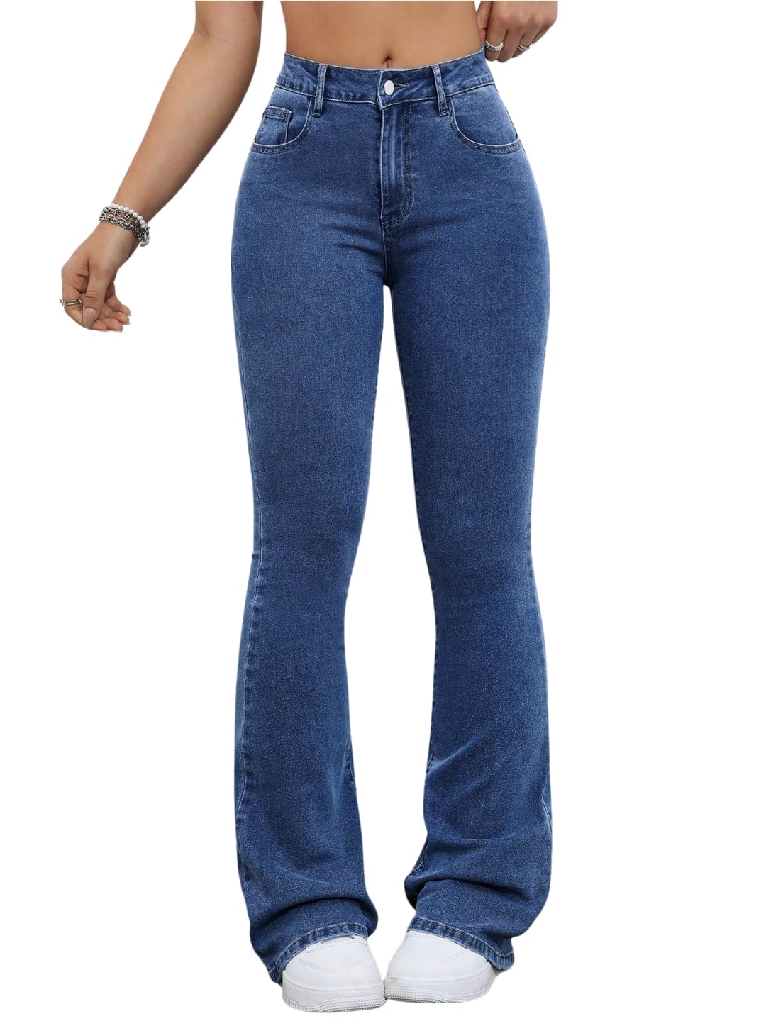 Women's Denim Flare Jeans | Stretch Cotton High Waist Bootcut Bell Bottom Jeans | Classic 5 Pocket Cuffed Hem (WJ-FF004_1-$)-image-4