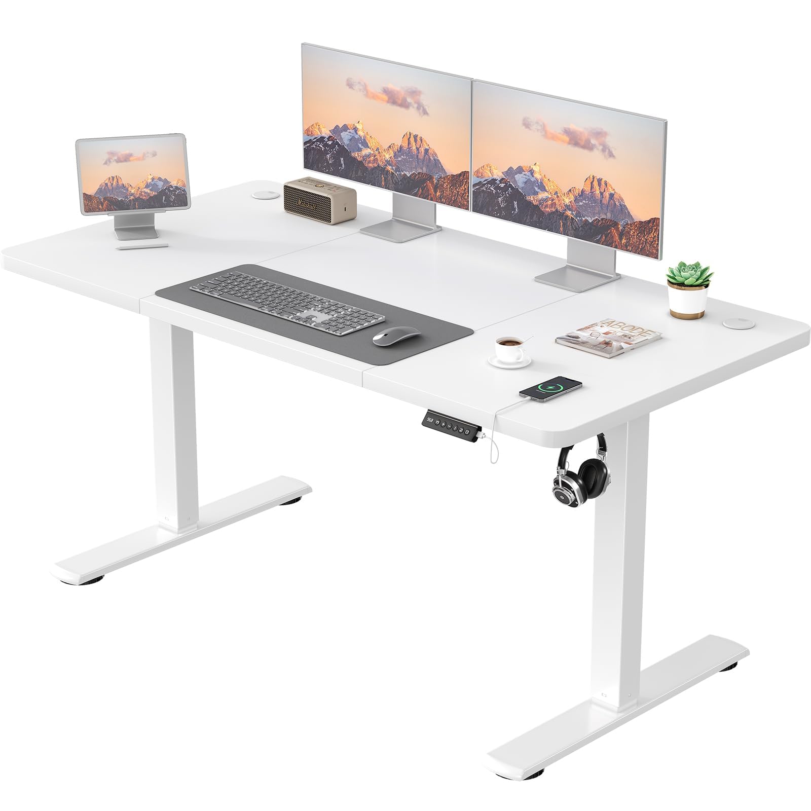 JUMMICO Electric Desk Height Adjustable with USB Charging Port, Height Adjustable Desk, Ergonomic Sit Stand Desks 140 x 60 cm, White