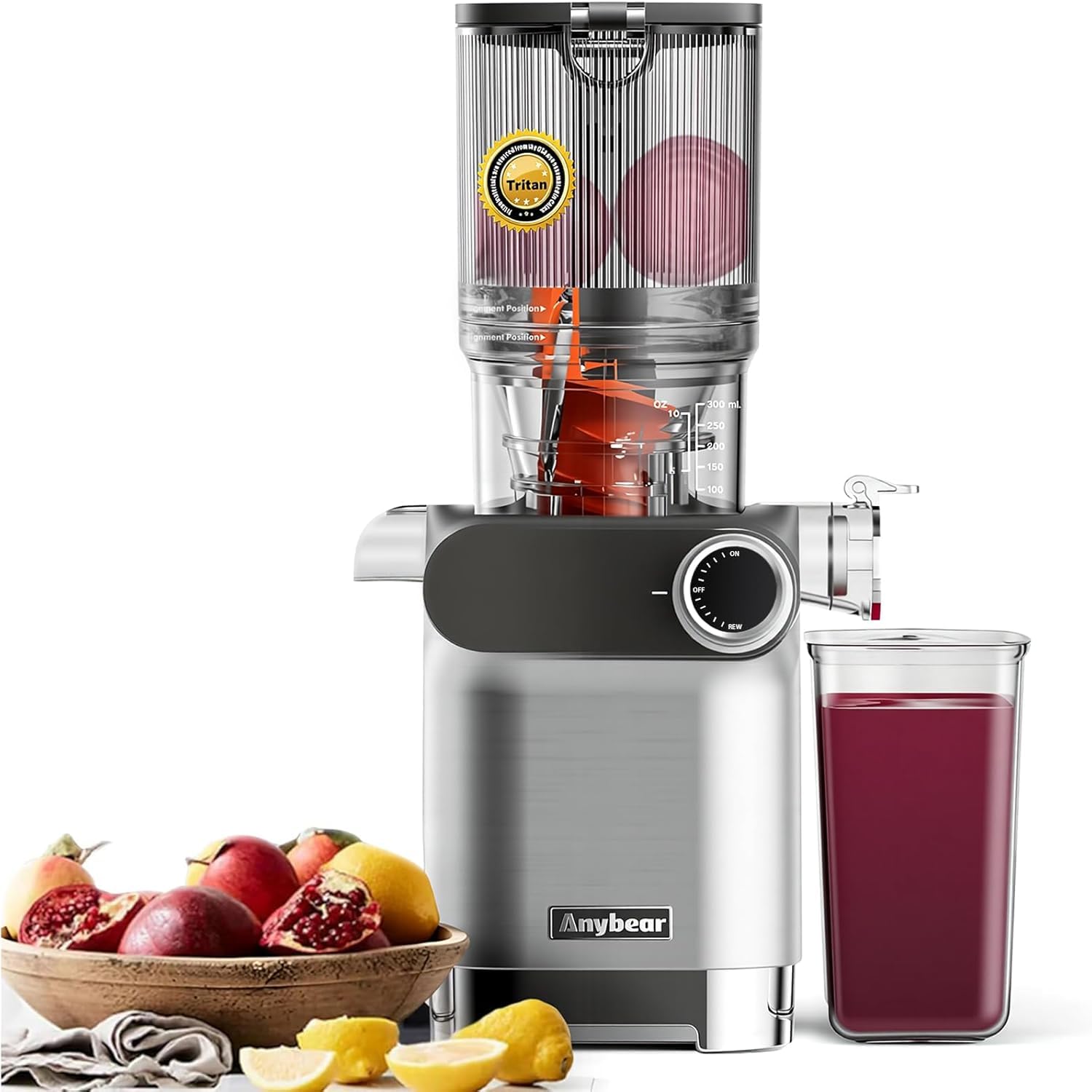Anybear Entsafter 200W Slow Juicer mit 110 mm großem Einfüllschacht für ganze Früchte/Gemüse | Upgraded Schnecke | Tritan-Material | BPA-frei | Inkl. Saftrezepte (Silbern)