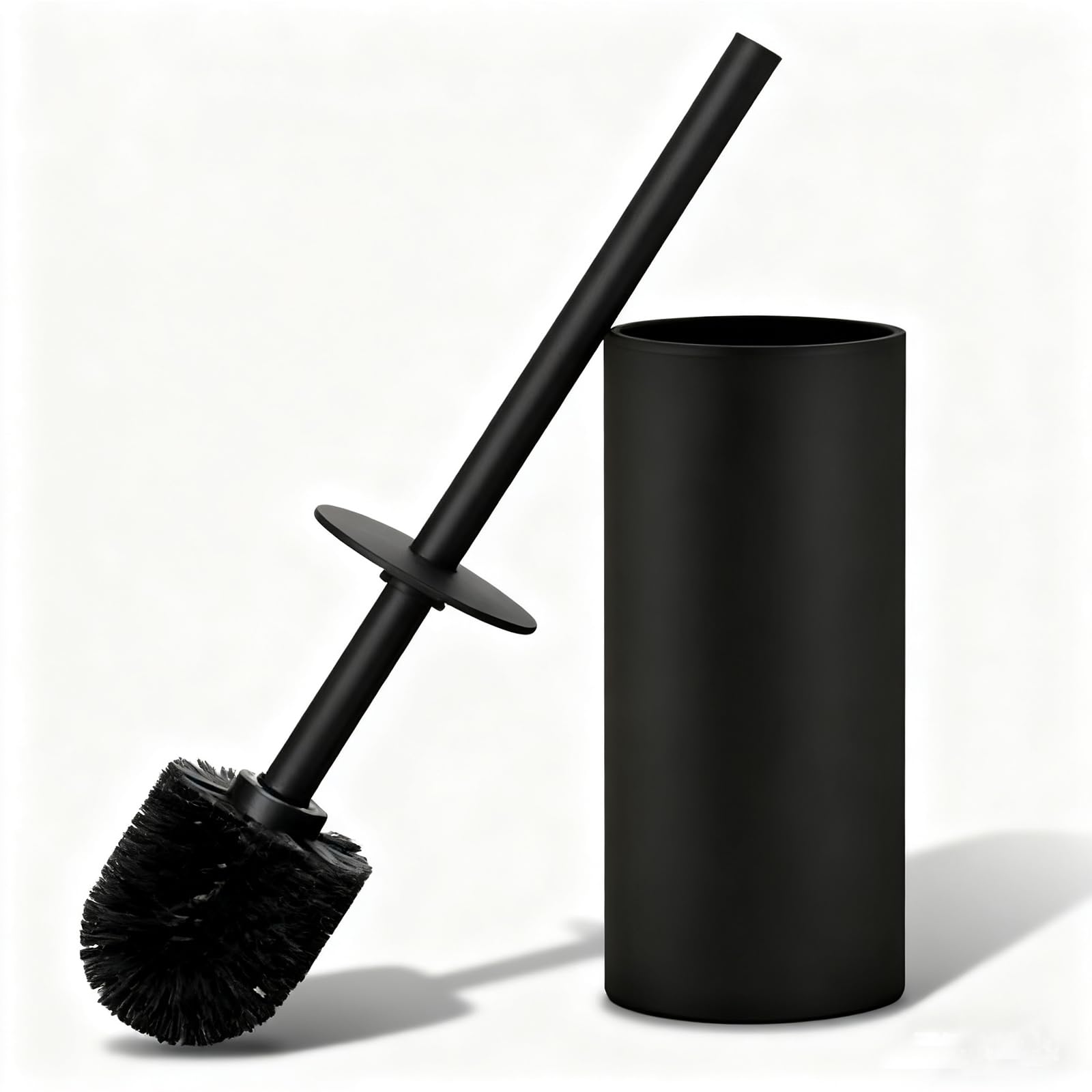 Toilet Brush and Holder Set, NEWRAIN 304 Stainless Steel Toilet Brush with Long Brush Handle, Matte Black Toilet Scrubber and Covered Holder, Round Design Sturdy and Space Saving, Covered Brush