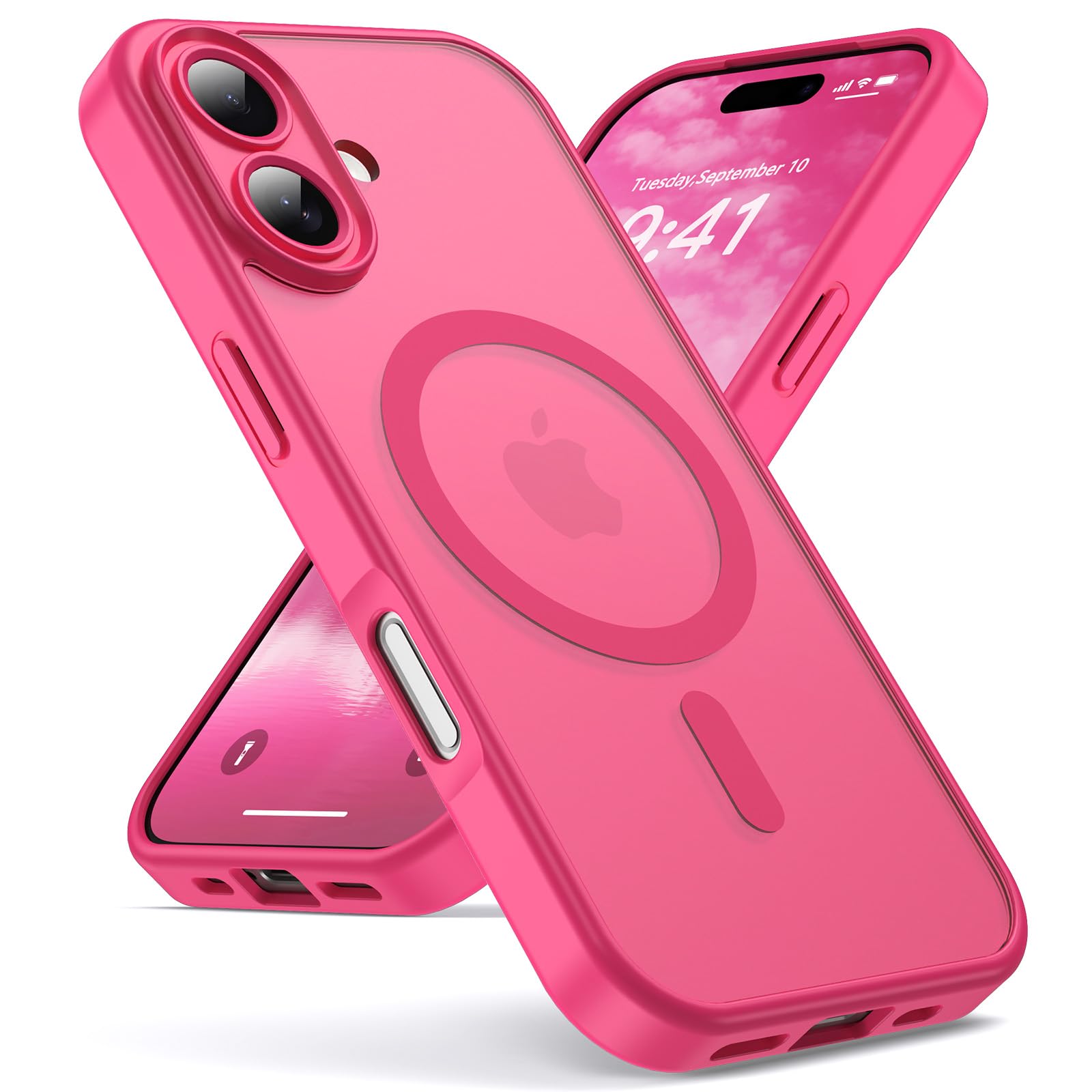 Oududianzi - Hülle für iPhone 16 Kompatibel mit Magsafe Handyhülle, Durchscheinende Mattierte PC Rückseite TPU Bumper Silikon Schutzhülle, Kameraschutz Transluzente Matt Kratzfest Stoßfest - RoseRot