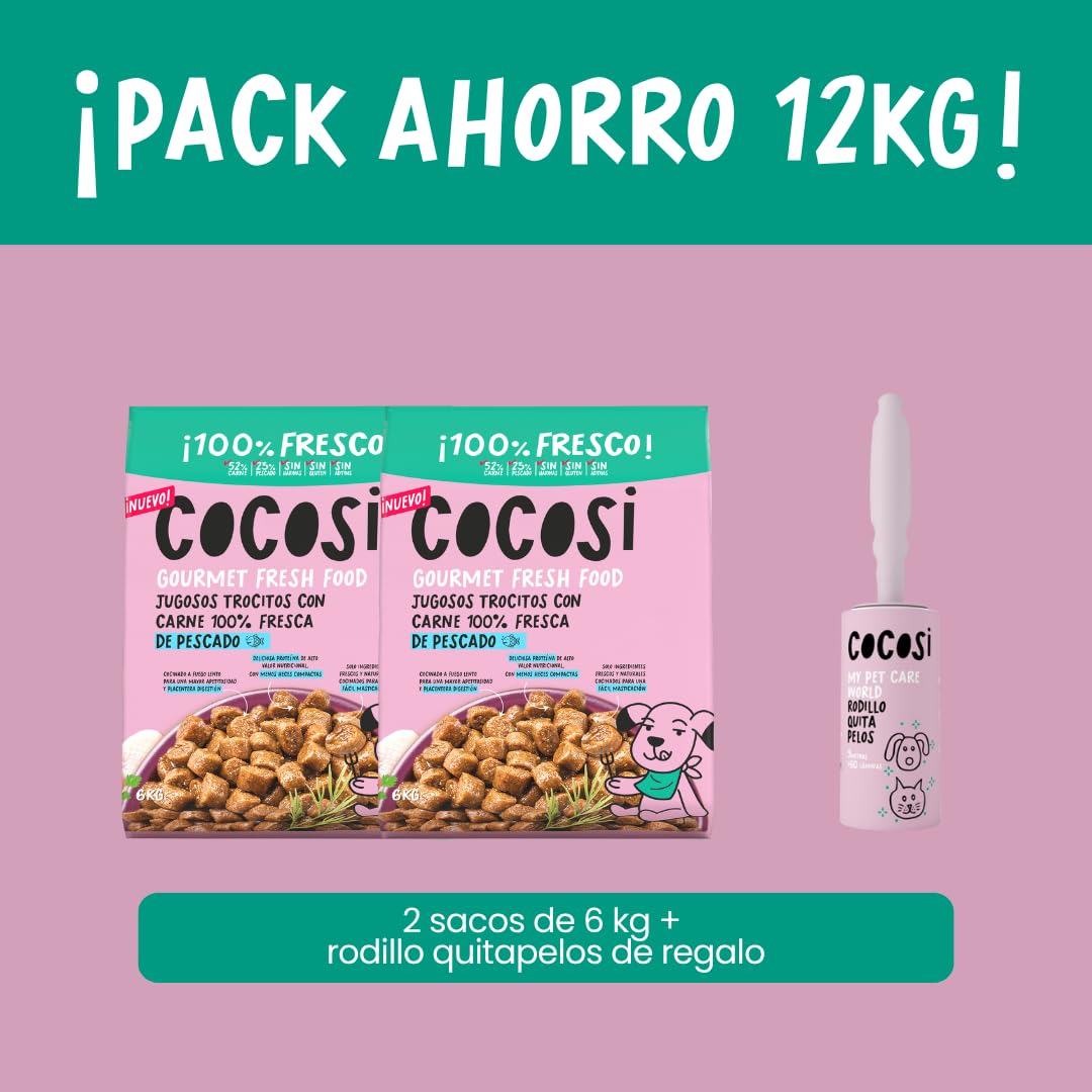 Pienso para Perros con Pollo y Pescado Fresco (2 x 6 kg) + Rodillo Quitapelos | Pienso Hipoalergénico Perros | Comida para Perros Adultos 100% Natural (Pescado) (Pollo)