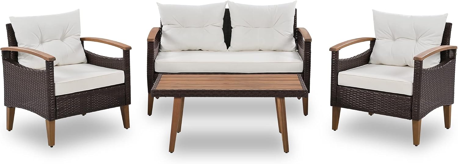 P PURLOVE Outdoor 4-Piece Furniture Patio Conversation Set with Wooden Coffee Table for Garden,Rattan Conversation Set Outdoor Sofa Set for Backyard,Poolside