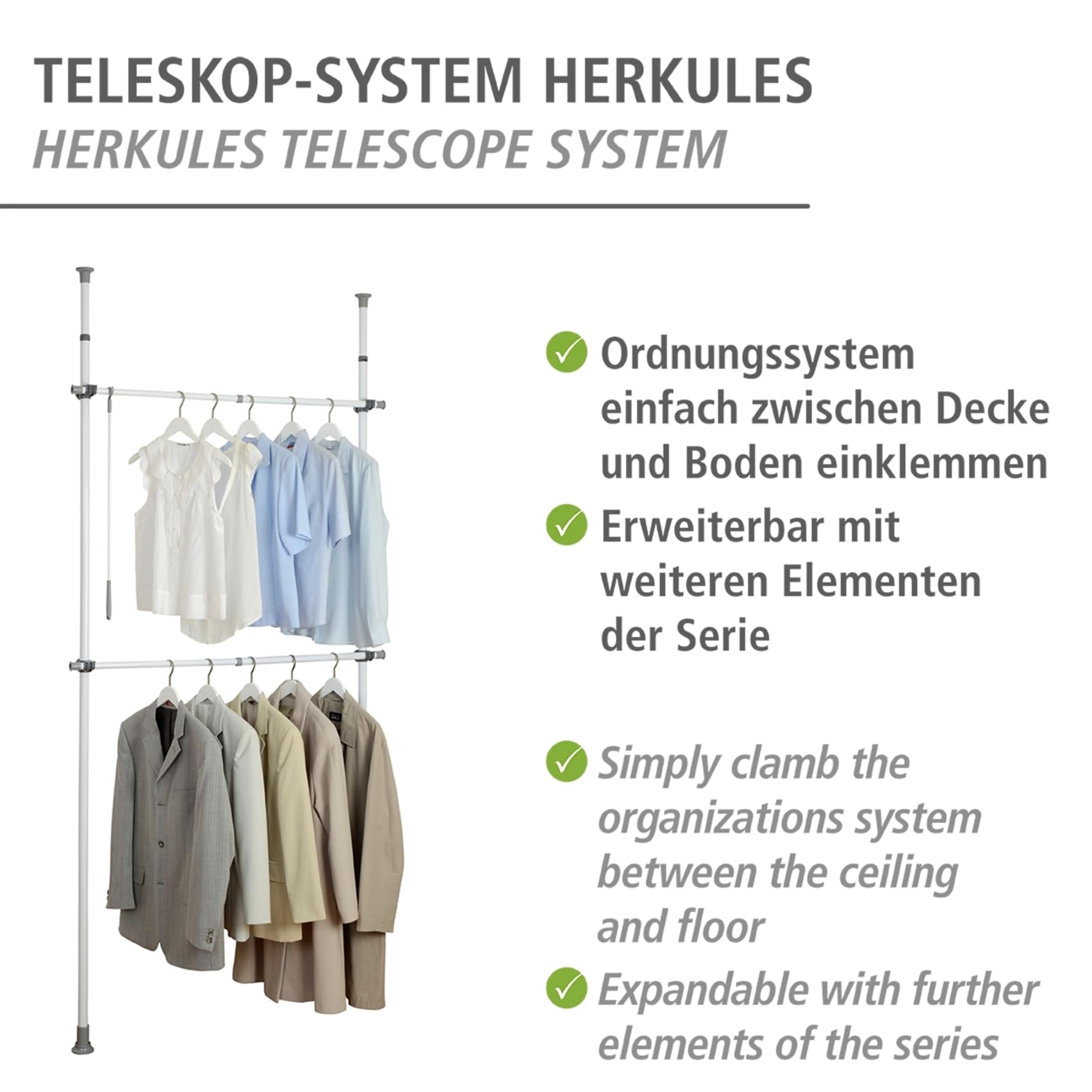 WENKO Sistema telescópico Herkules Basic - Sistema de orden ajustable, sistema de guardarropa, Acero, 75-120 x 165-300 x 11 cm, Blanco