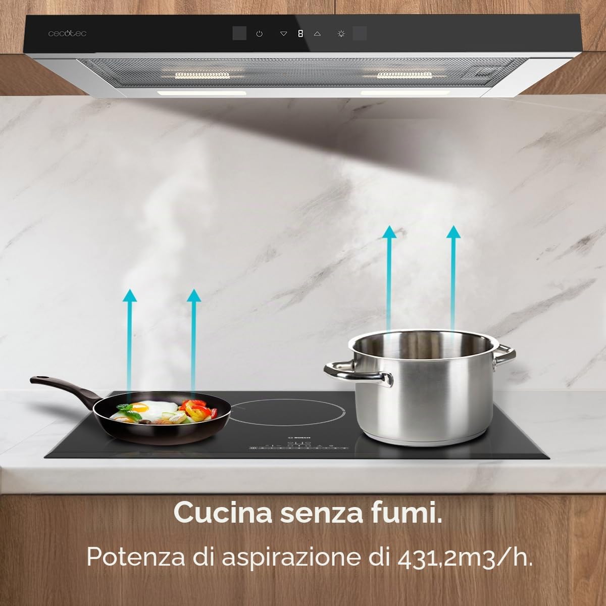 Cecotec Cappa Aspirante 70cm Telescopica Bolero Flux TLT 704400 Glass Black A+++. Aspirazione 431,2m³/h, Basso Consumo, Motore DC, Controllo Movimento e Touch, Vetro Frontale Nero, Corpo Acciaio Inox