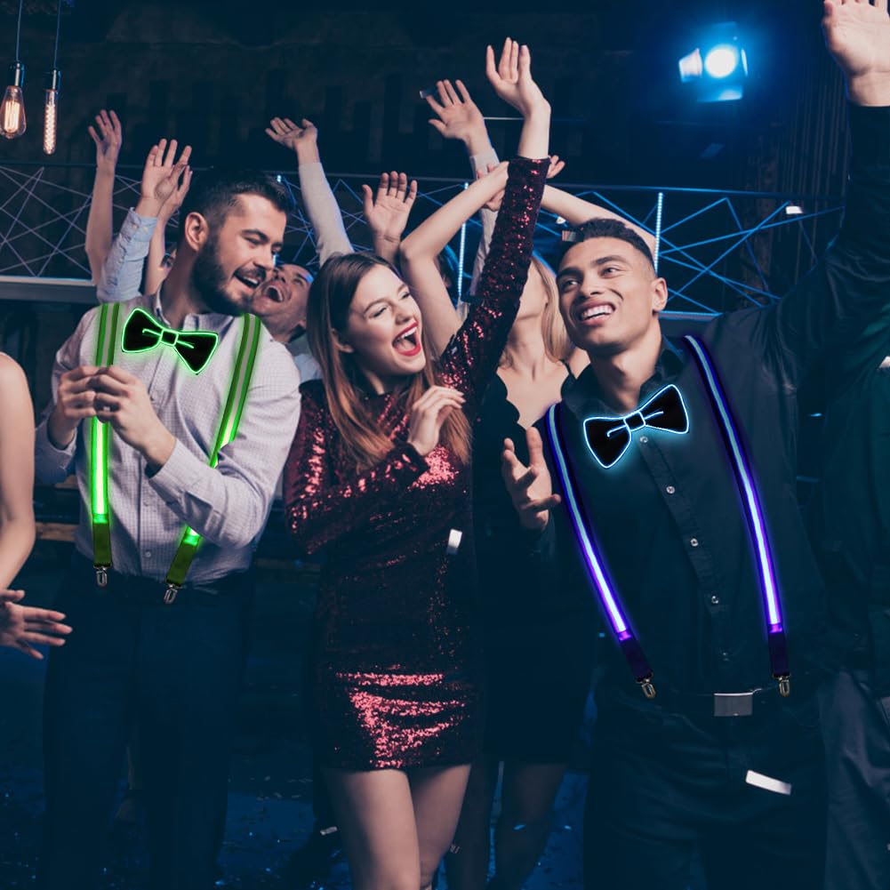 Brejkdo Light Up heren LED-bretels en vlinderdas combo - lichtgevende bretels voor heren - Glow feestkleding, rave-outfits, Blauw, one size