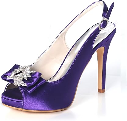 Charmstep Womens Platform High Heels Slingback Pumps Peep Toe Bows Satin Evening Wedding Bridal Shoes with Rhinestones 6041-10H