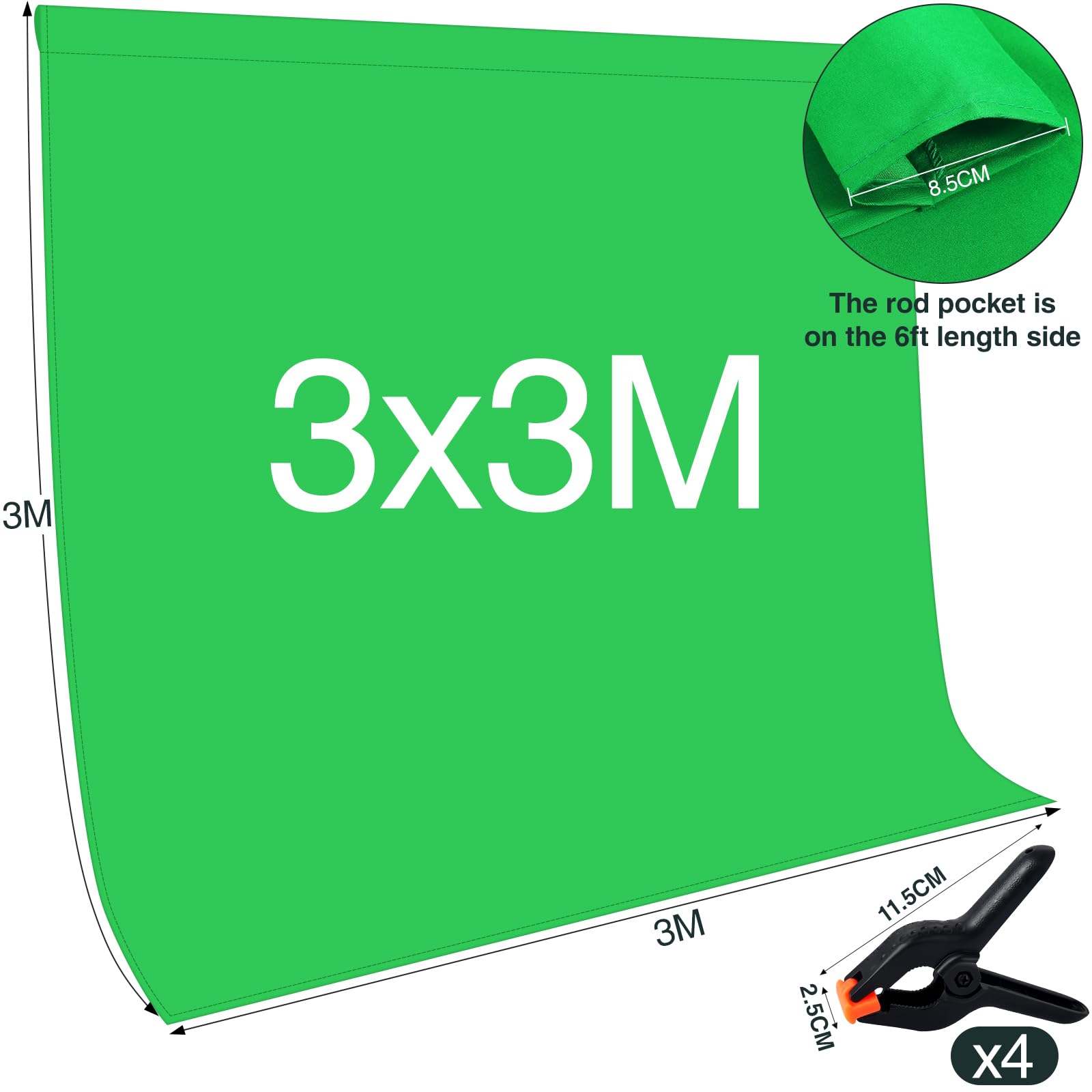 Sfondo Foto Verde, 3M x 3M (9,8 x 9,8 piedi) Sfondo Fotografico Verde, Telo Green Screen con 4 Pinze di Fissaggio, Adatto per Fotografia, Streaming dal Vivo e Registrazioni Televisive