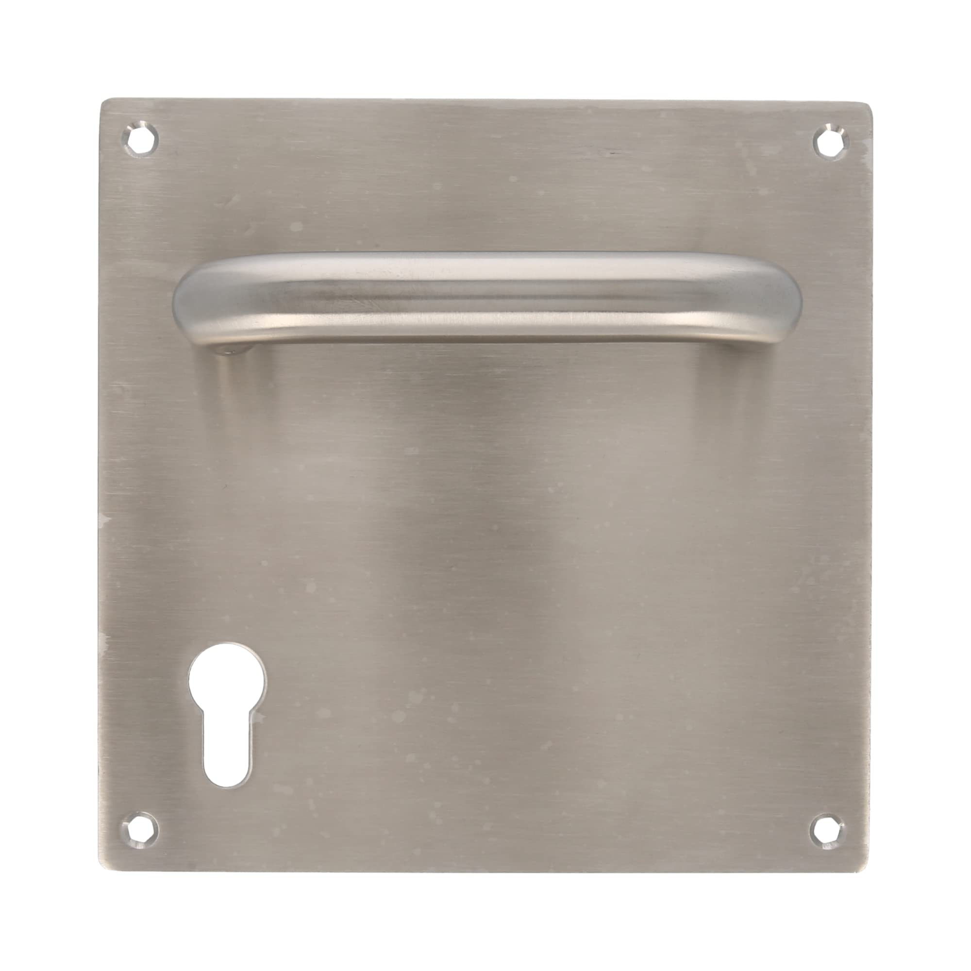 Amig - Set di maniglie con piastra per porte - mod. 3CB85-180x180 mm - Quadretto da 8 mm - Con foro da 85 mm - Acciaio inossidabile 18/8 Argento opaco