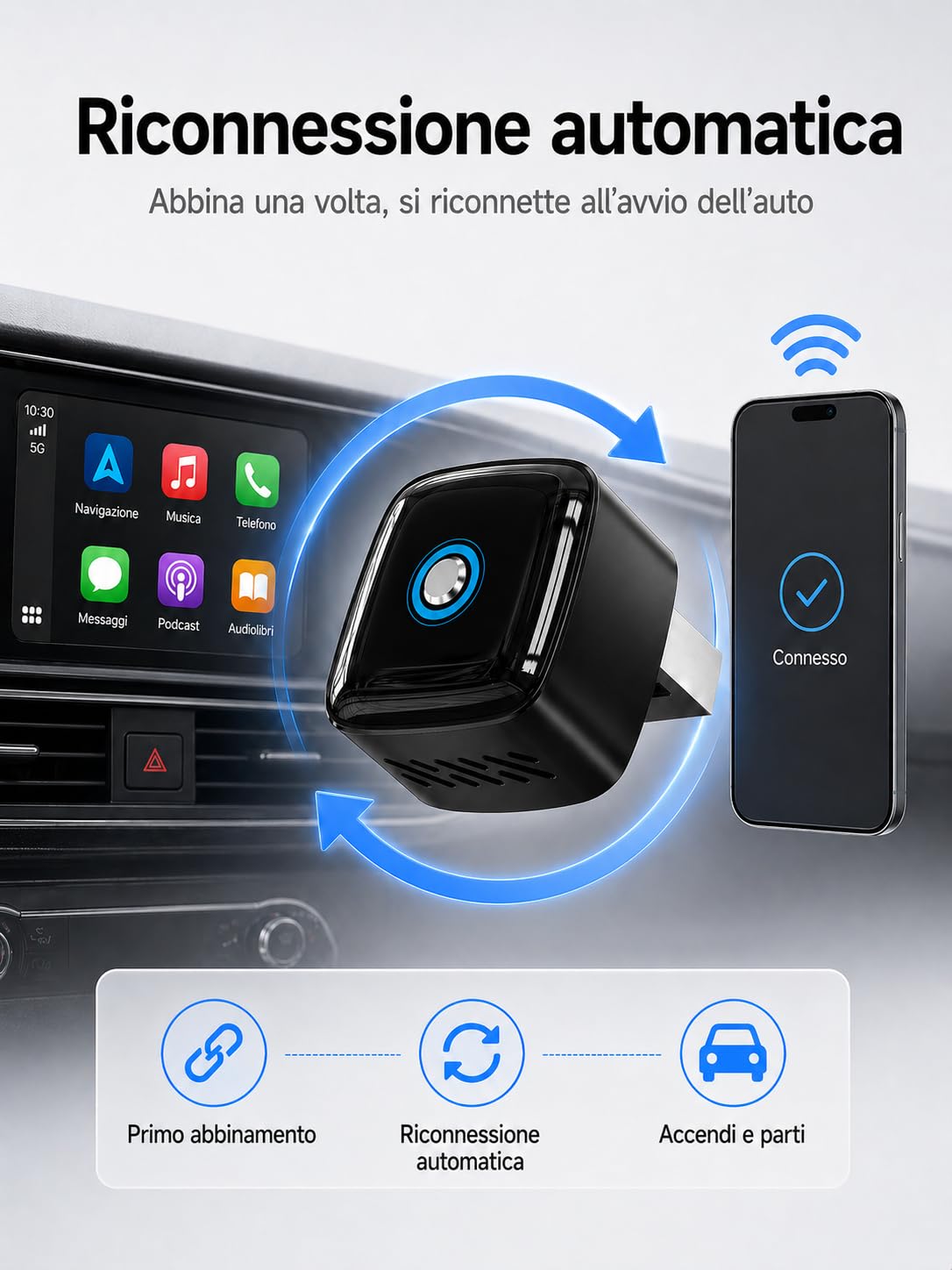Adattatore Wireless CarPlay e Android Auto 2 in 1, Dongle Nero Ultra Mini con Pulsante Interruttore per 2 Dispositivi, WiFi 5,8 GHz, Plug & Play, USB-A/USB-C, OTA per Auto con CarPlay/Android Auto