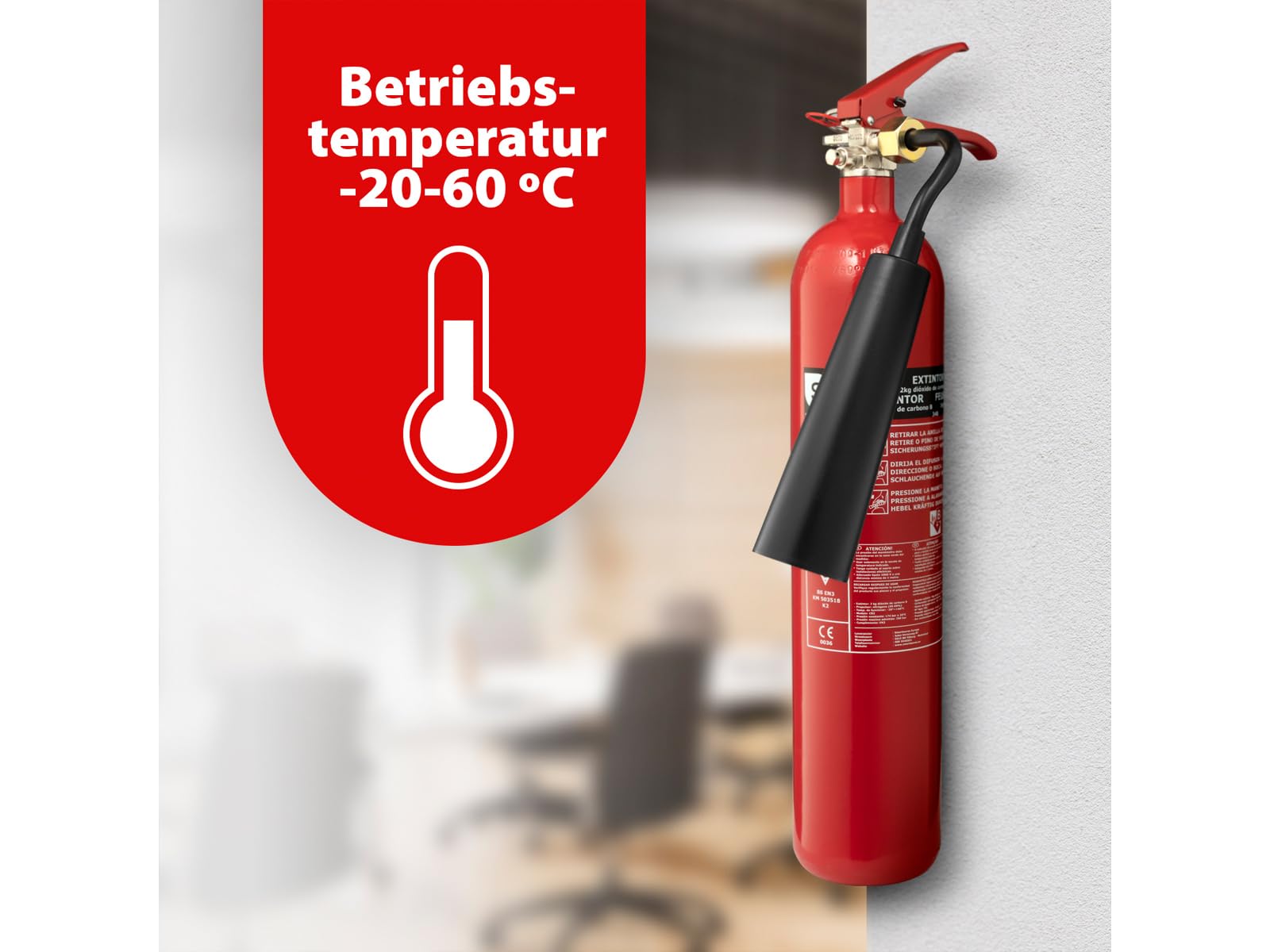 Práctico extintor de CO2, 2 kg, clase B – Borrado sin residuos + manta extintora de 100 x 100 cm, protección contra incendios