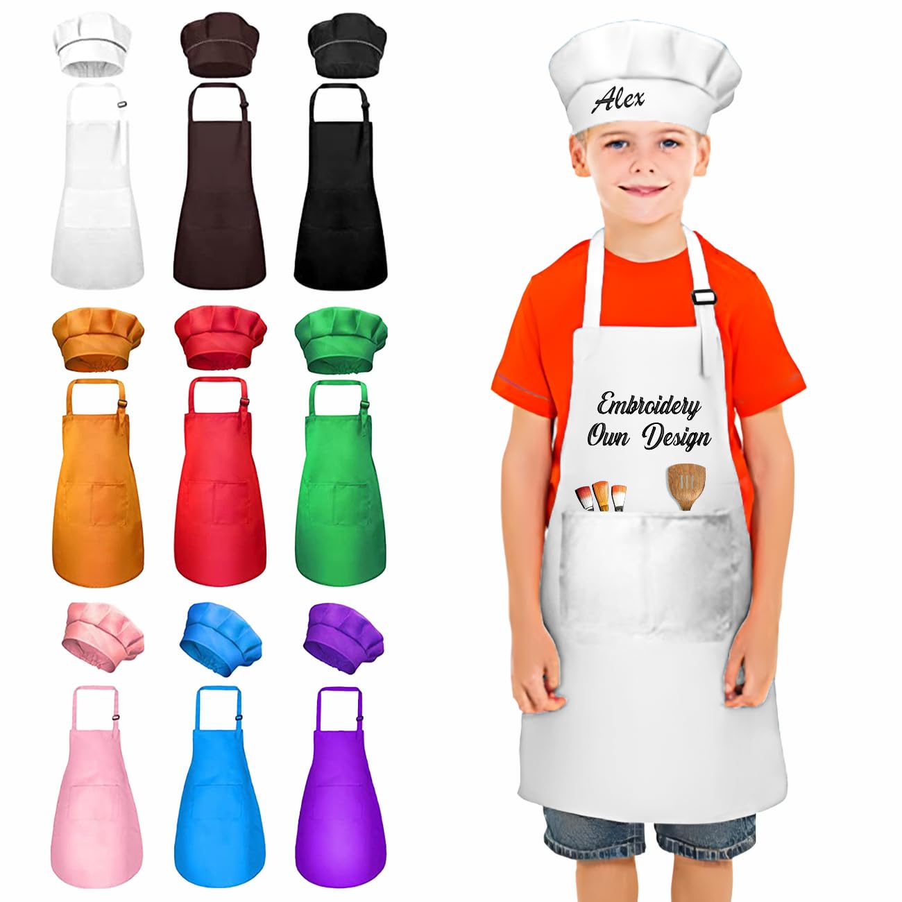 Colifolu Personalised Kids Apron with Embroidered Name,Customisable Cooking Baking Role Play Chef Hat for Children & Adults (White)