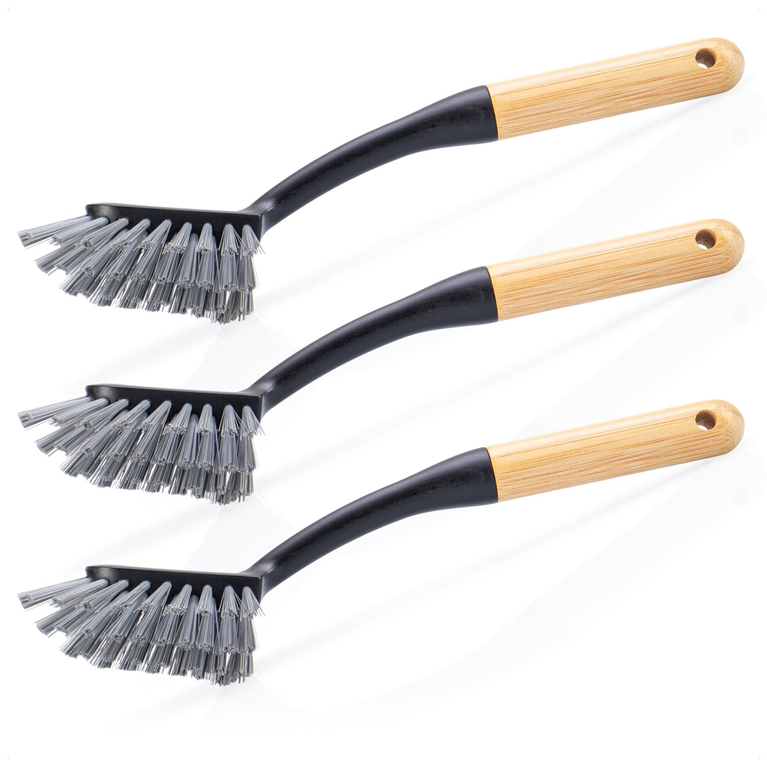 com-four® 3x szczotka do naczyn z bambusowym uchwytem, wytrzymale plastikowe szczotki do kuchni i domu, trwale do talerzy, garnków oraz szklanek (3x Szczotka do naczyn)