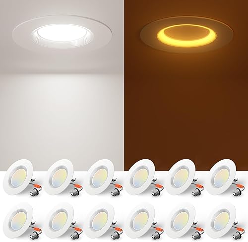 Amico Paquete de 12 luces LED empotrables 5CCT de 4 pulgadas con luz nocturna, 8 W  60 W, 700 lm luces de lata con borde deflector, regulable,