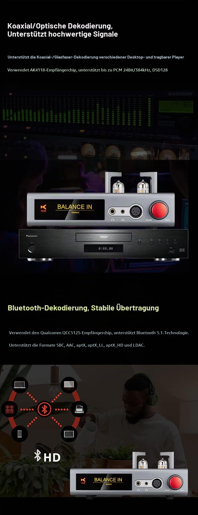 XDUOO TA-22 ES9038Q2M*2 DSD256 HD Bluetooth PCM 32Bit/384kHz Balance Ausgang High Performance DAC/Tube Balance Kopfhörer Verstärker