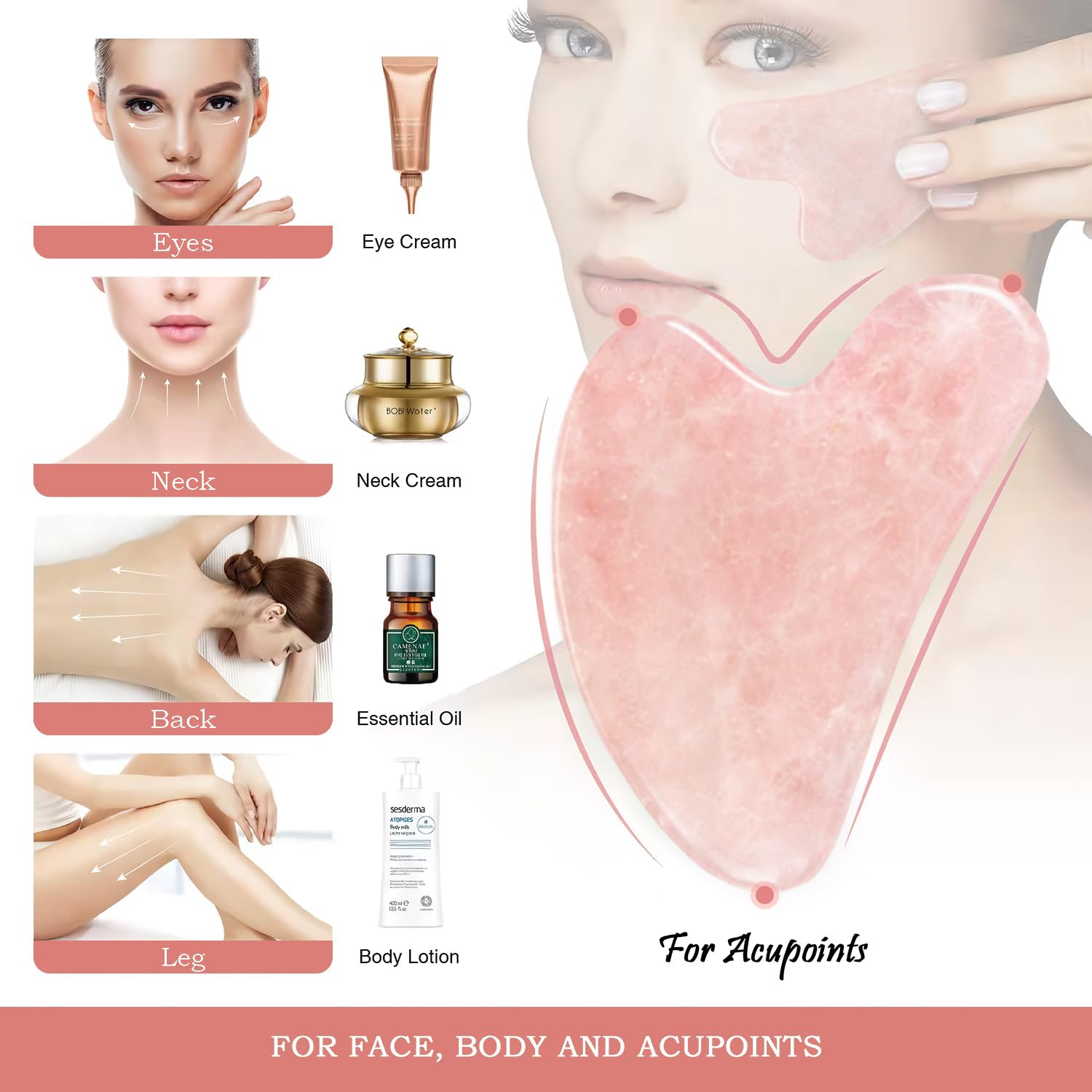 Flagest Rose Quartz Facial Massage Tool, Heart Shape Rose Quartz Trigger Point Treatment on Face