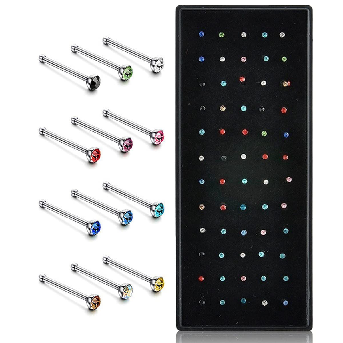 Distinct60Pcs Stainless Steel Nose Studs Rings Piercing Bars Set Straight Nose Rings Bone Studs Body Jewelry Unisex Gift for Women Men (Multi-Color)