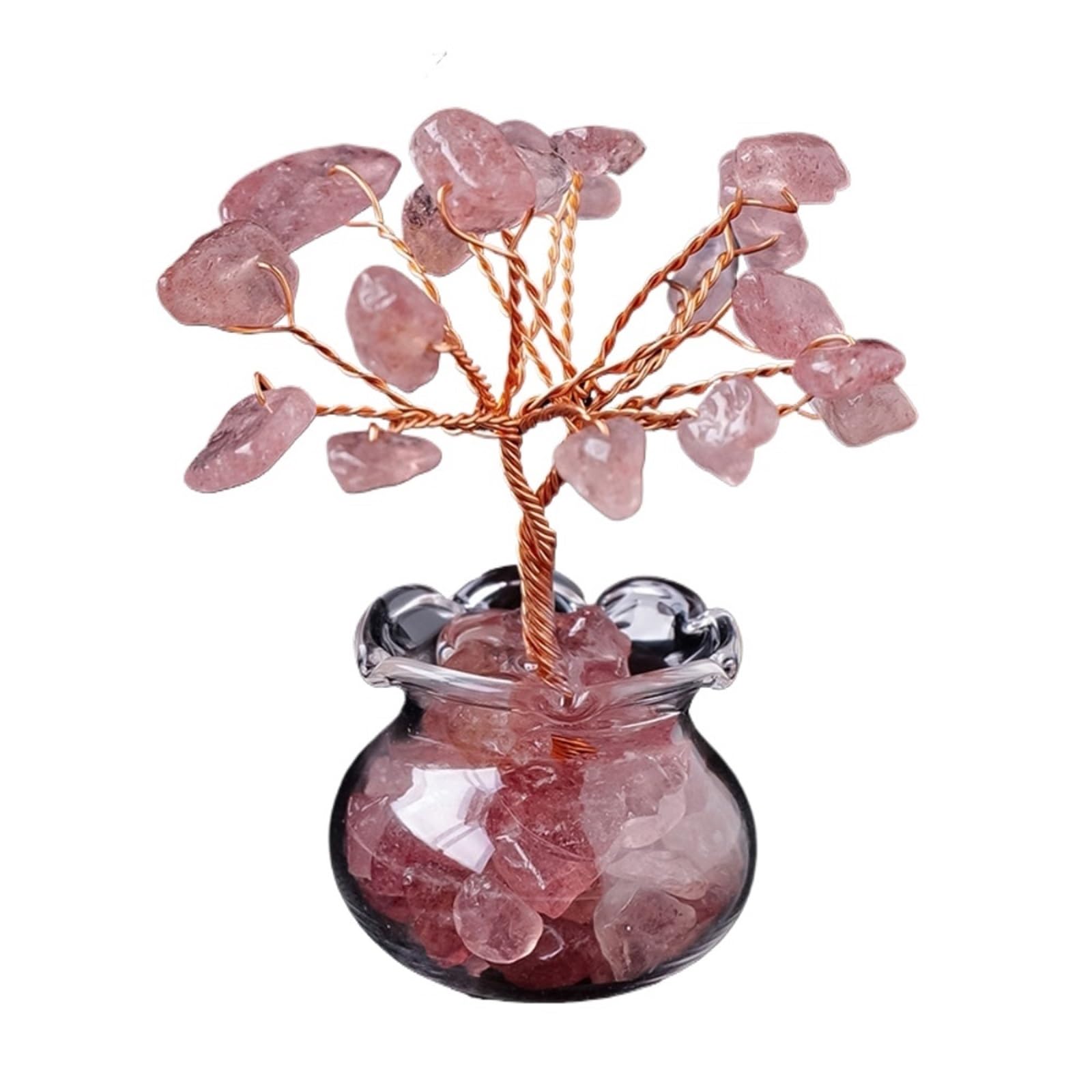 2Pcs Natural Crystal Tree - Lucky Stone Bonsai Ornament for Home & Office Decor(Strawberry quartz)