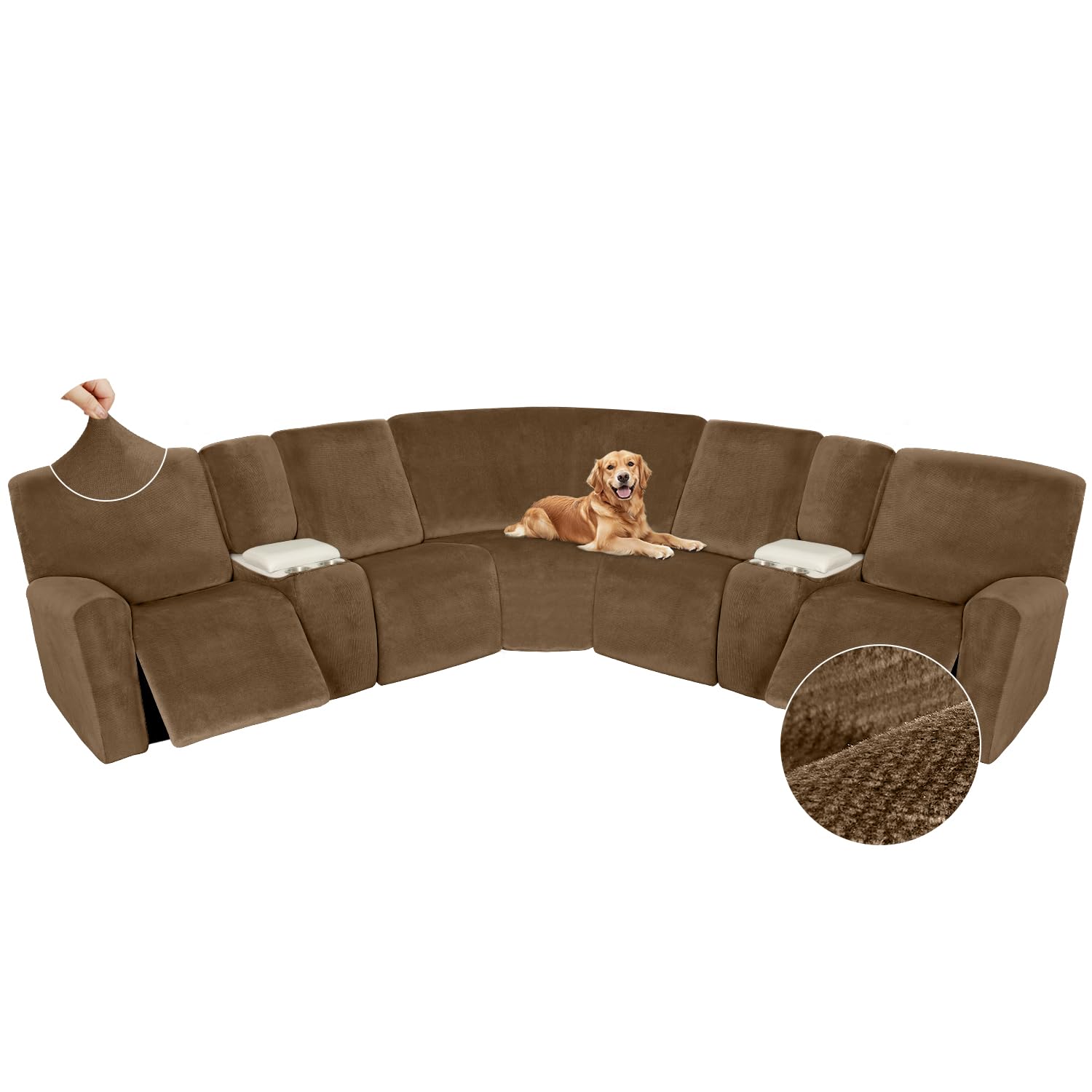 Arfntevss Sectional Recliner Couch Covers Velvet Washable Corner Sectional Sofa Cover for Reclining Couch Stretch Soft Thick L Shape Recliner Slipcover Set (5 Seat with 2 Console Cover, Light Brown)