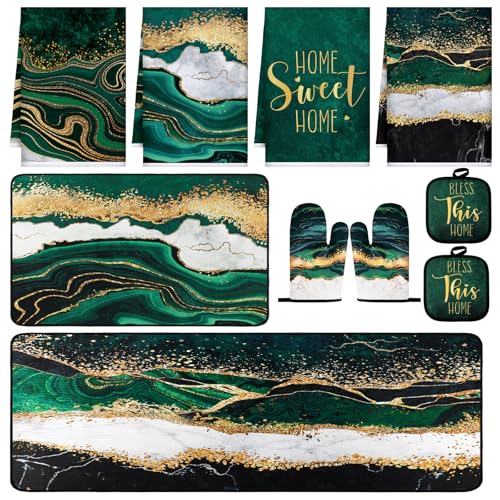 Fourluoo 10 Pcs Kitchen Dish Towels Rugs Oven Mitts and Pot Holders Kit Farmhouse Kitchen Decor Set Gloves Vintage Potholders for Baking Cooking Chef(Green,Modern)