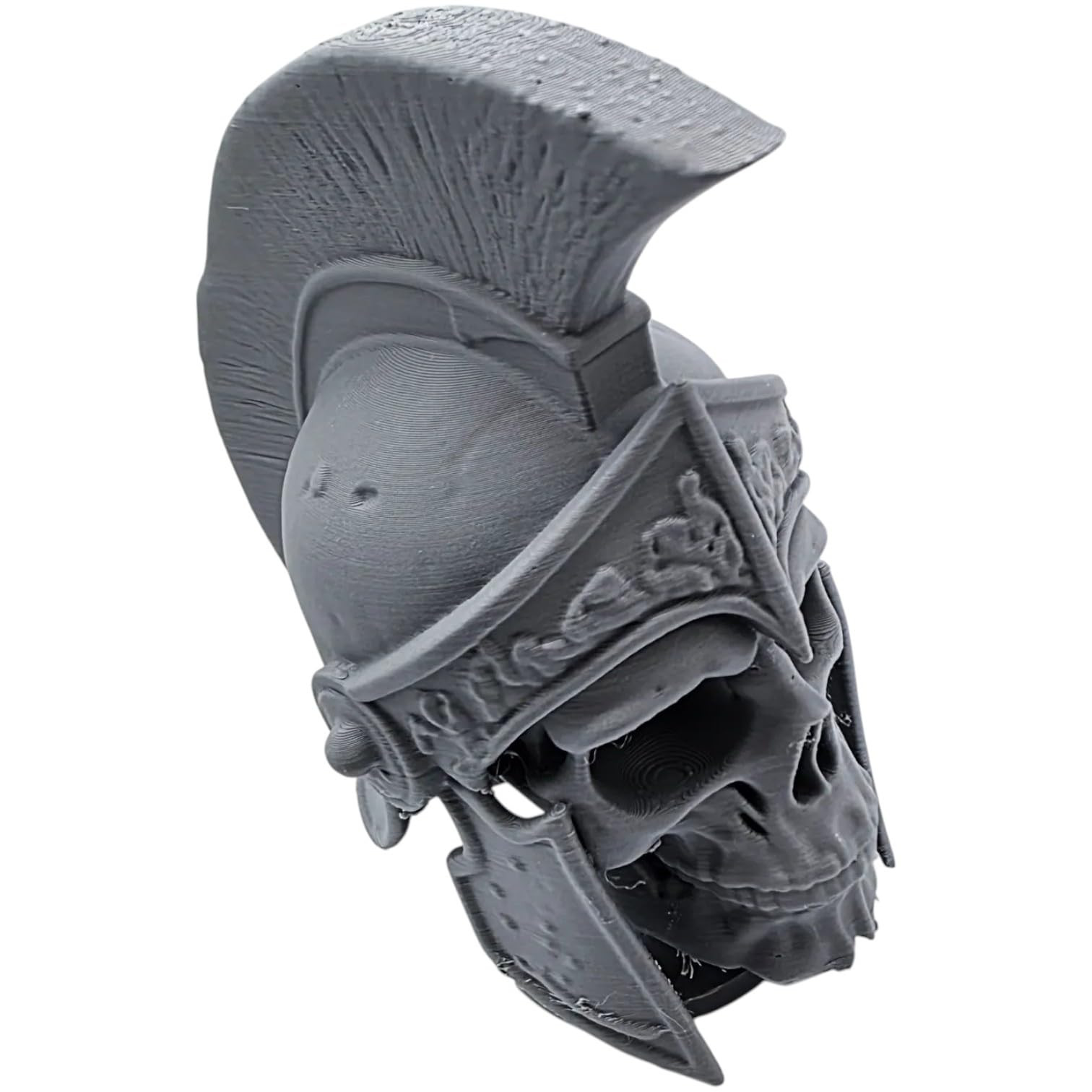 Ancient Warrior Skull Sculpture – Armored Helmet Skull Bust with Pedestal Base, Gothic Medieval Decor for Shelf or Display – 3D Printed in Canada