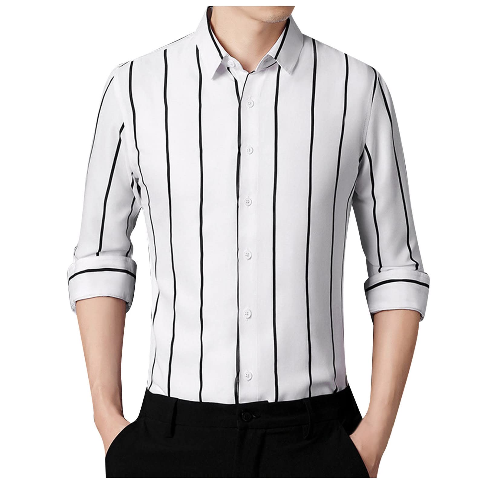 Men's Striped Long Sleeve Shirts Button Down Regular Fit Tee Tops Casual Summer Cotton Spread Collar Tee Shirts